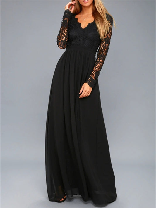 Lace Detail Backless Long Sleeve Maxi Dress - Luxe4Everyday Black / S Dress