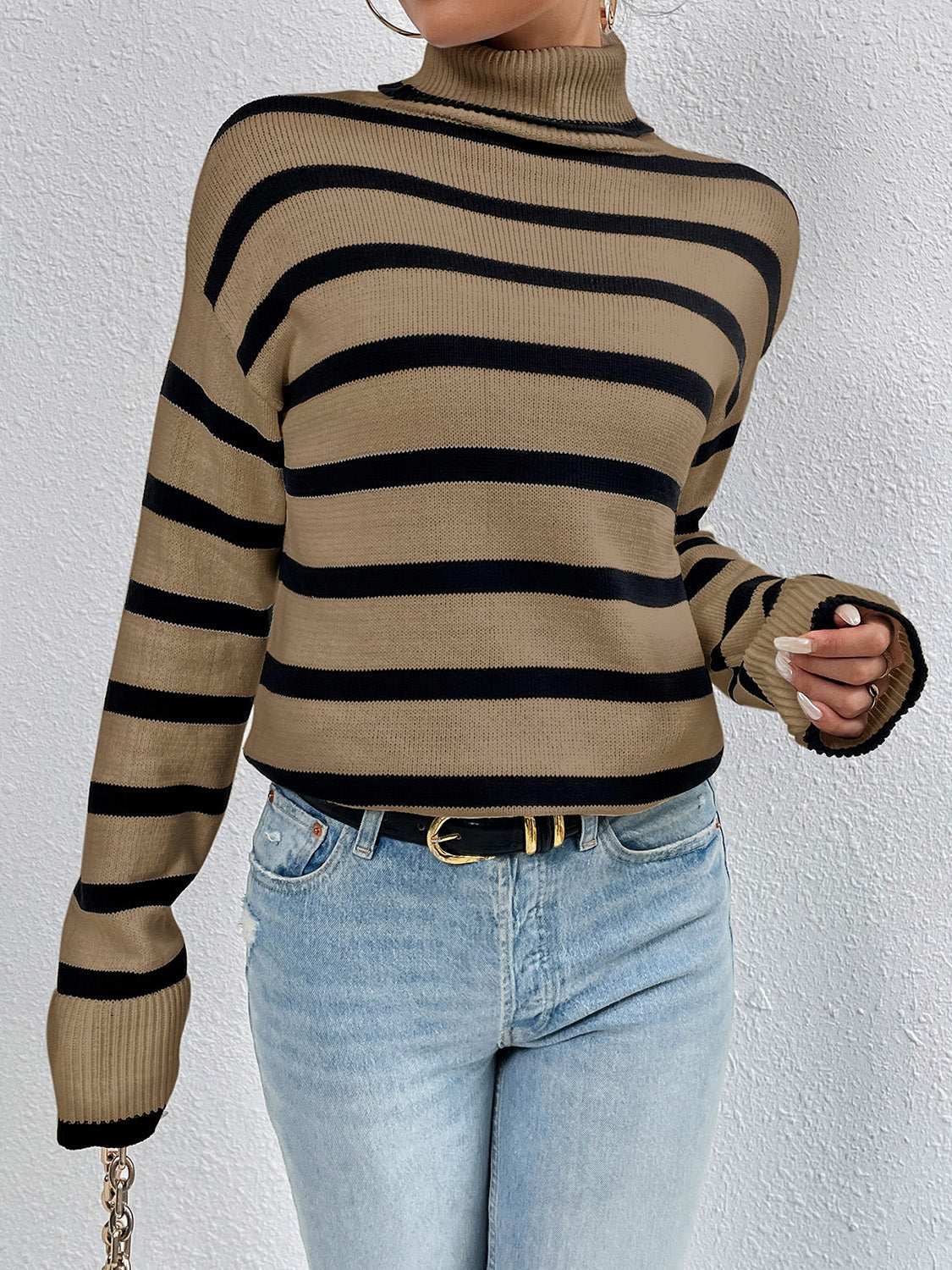 Striped Turtleneck Long Sleeve Sweater - Luxe4Everyday Black / S Sweater