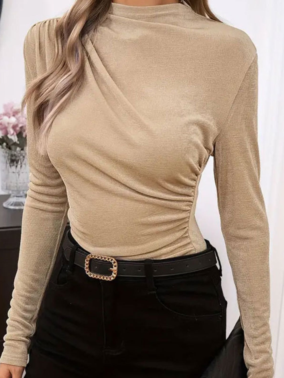 Ruched Mock Neck Long Sleeve T-Shirt - Luxe4Everyday T-Shirt