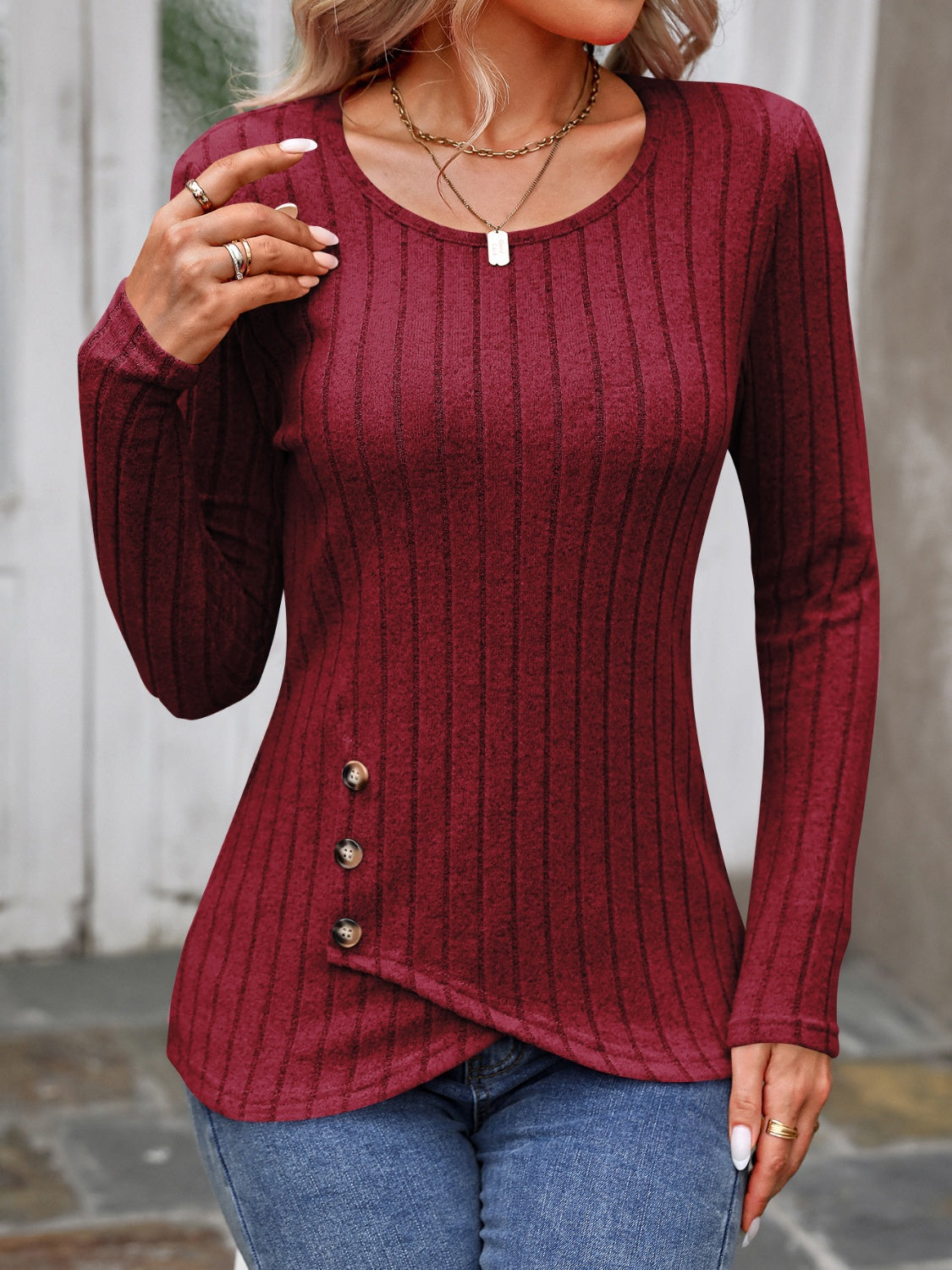 Decorative Button Round Neck Long Sleeve T-Shirt - Luxe4Everyday Burgundy / S shirt