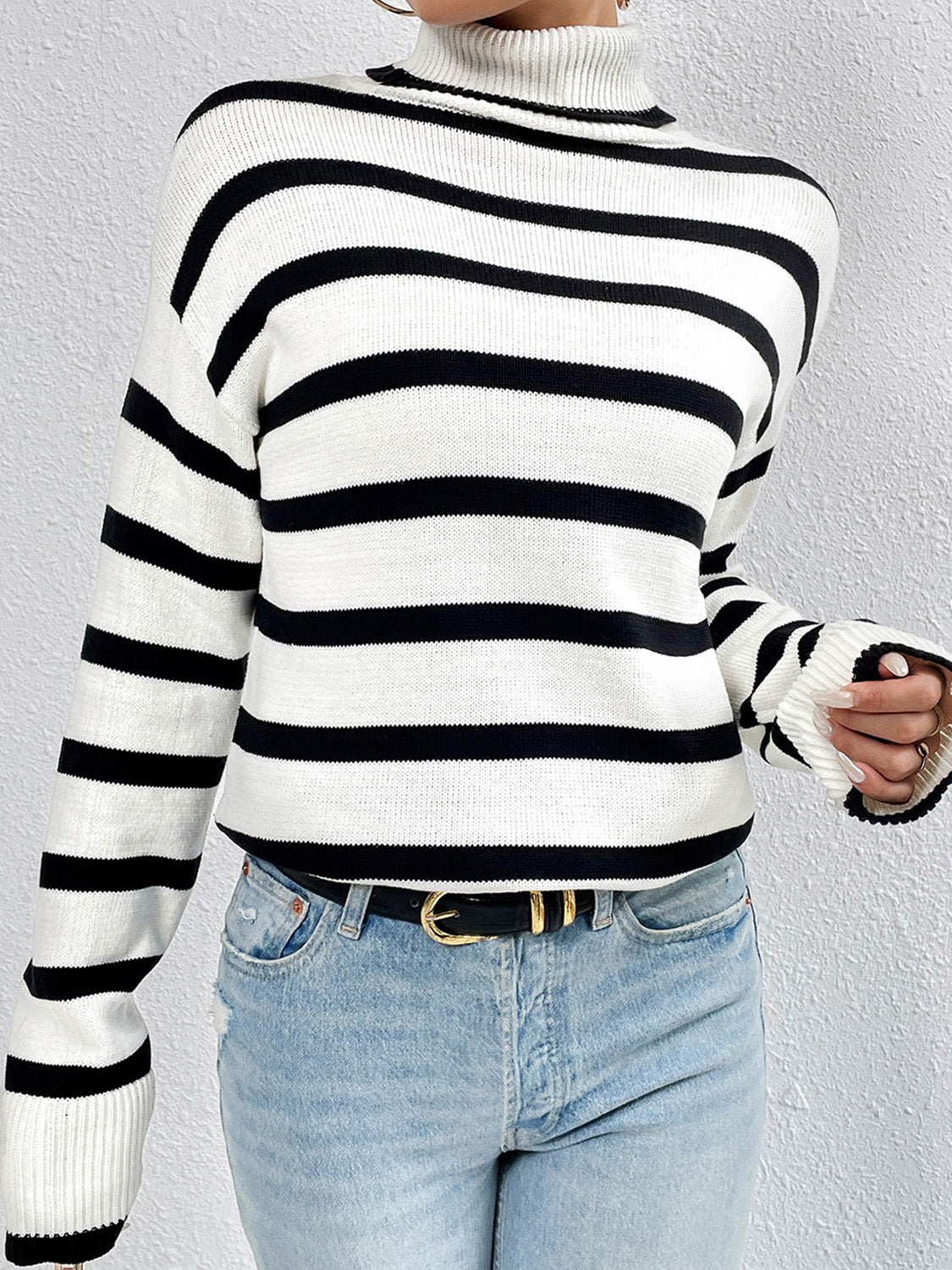 Striped Turtleneck Long Sleeve Sweater - Luxe4Everyday Black / S Sweater