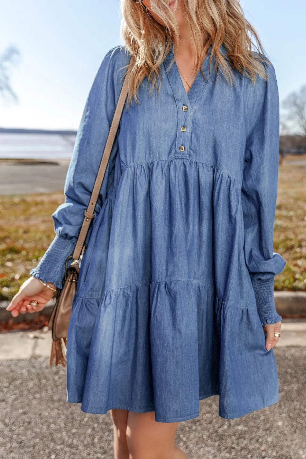 Tiered Johnny Collar Long Sleeve Denim Dress - Luxe4Everyday Medium / S Dress