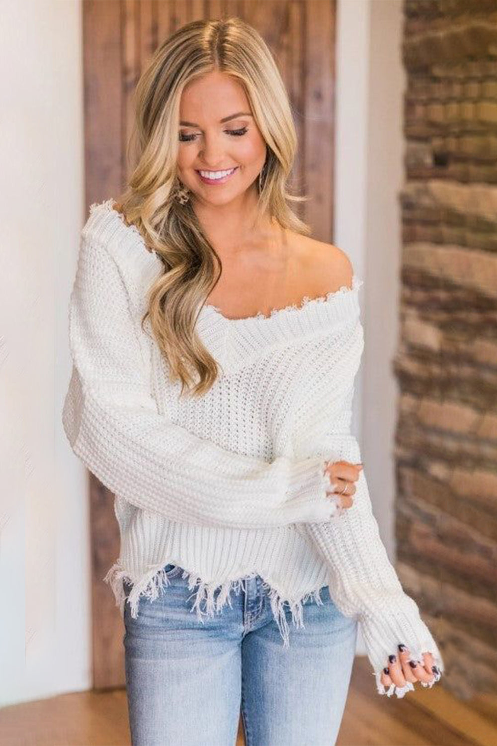 Frayed Hem Dropped Shoulder Sweater - Luxe4Everyday White / S Sweater