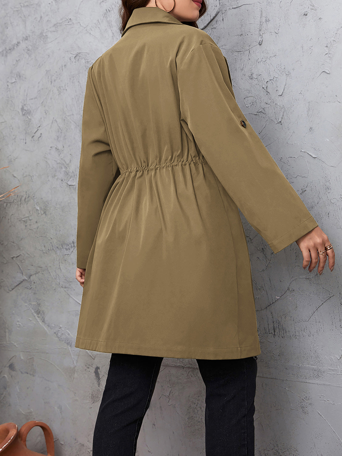 Honey Plus Size Lapel Collar Drawstring Roll-Tab Sleeve Trench Coat - Luxe4Everyday Mocha / 1XL Coat