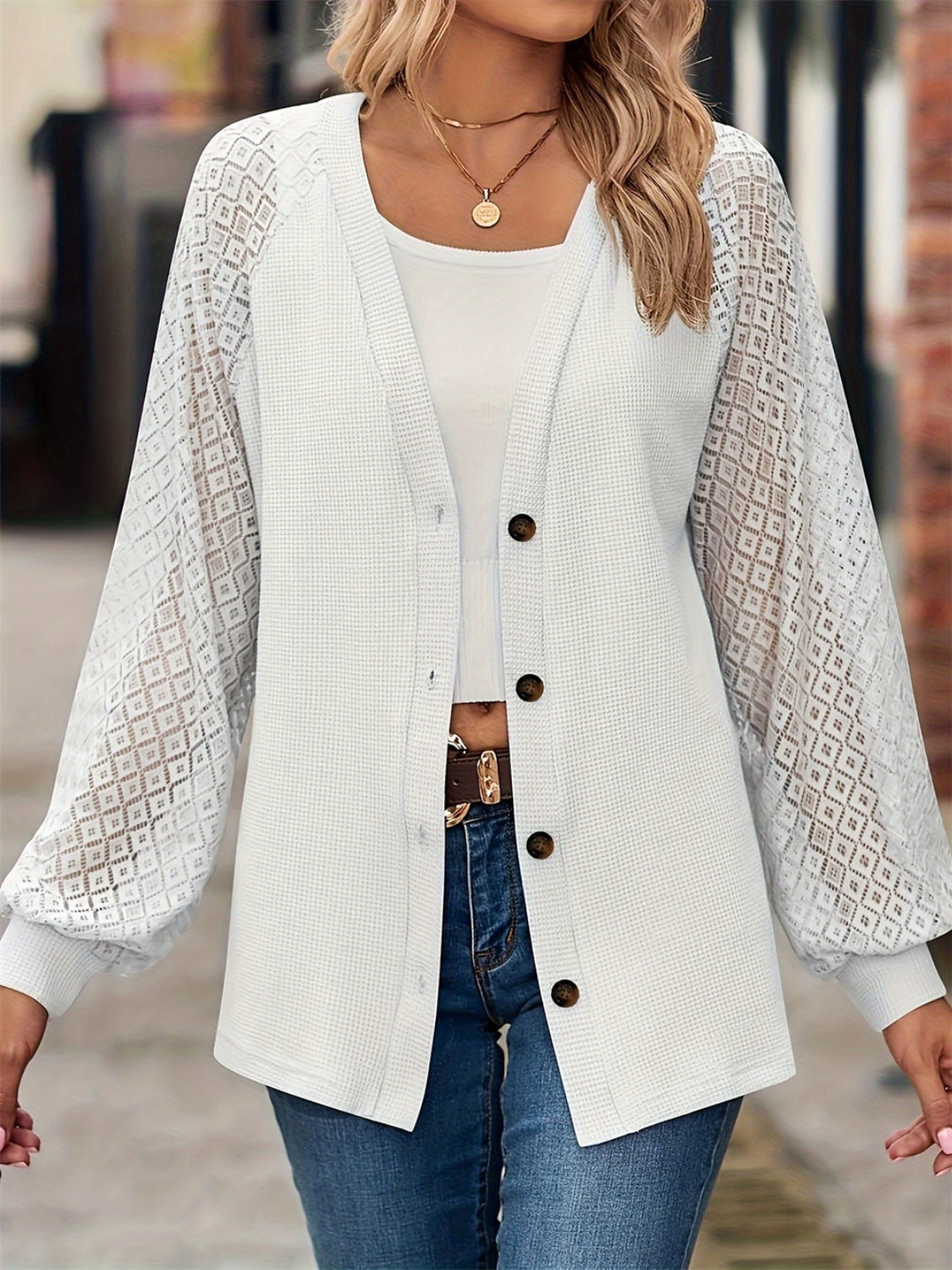 Button Up V-Neck Long Sleeve Outerwear - Luxe4Everyday White / S Jacket