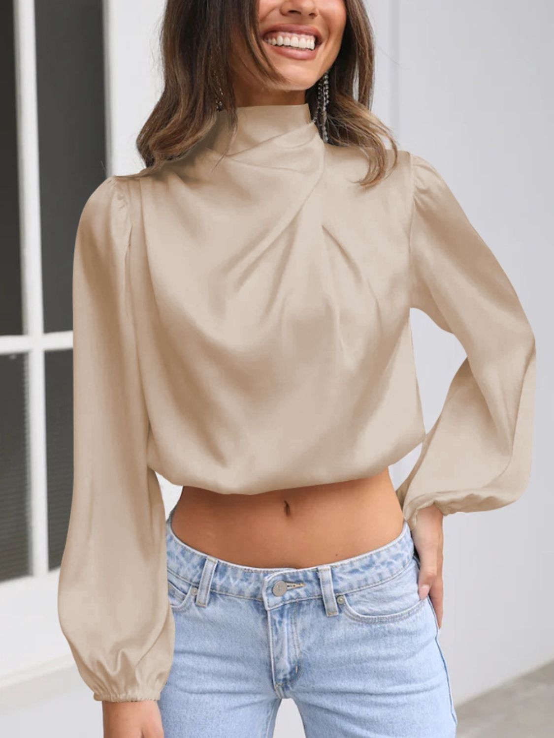 Turtleneck Balloon Sleeve Blouse - Luxe4Everyday Dust Storm / S Shirt