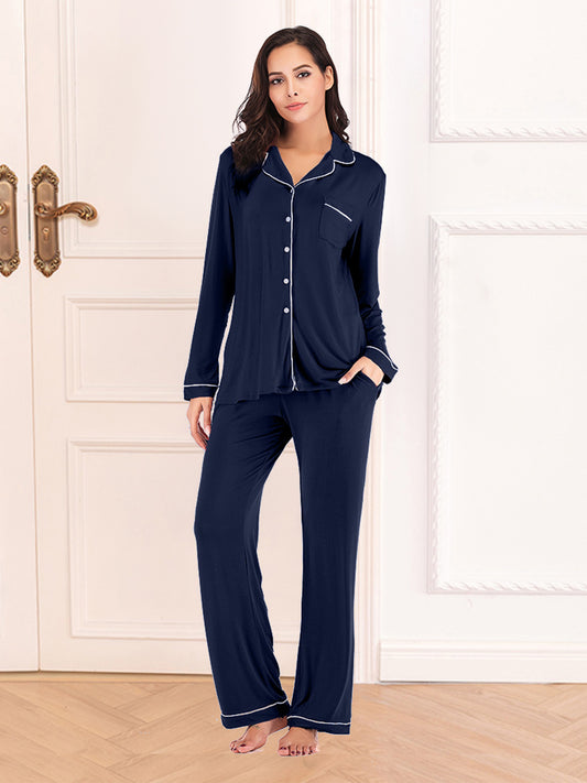 Collared Neck Long Sleeve Loungewear Set with Pockets - Luxe4Everyday Navy / S Pajamas