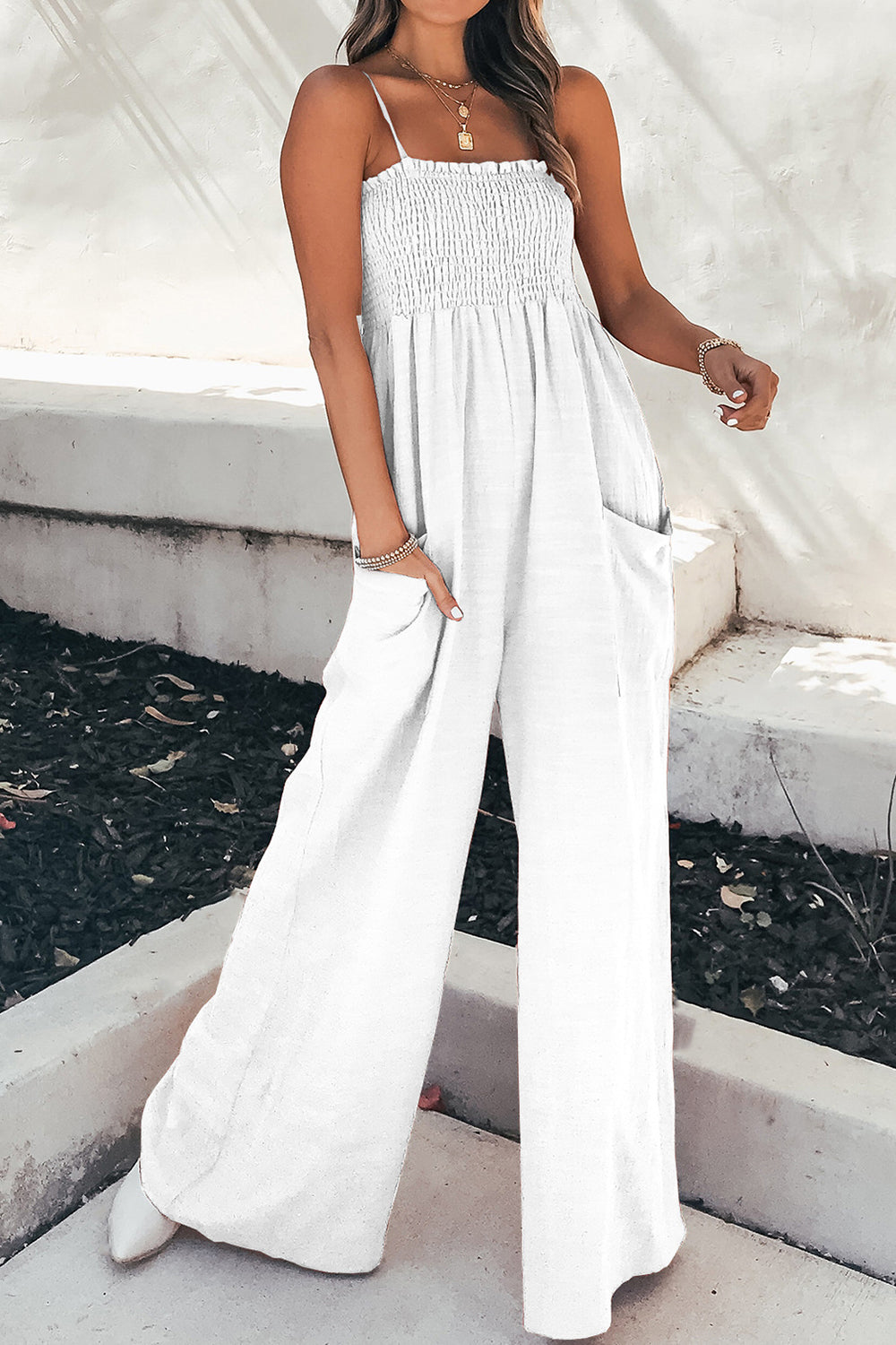 Smocked Spaghetti Strap Wide Leg Jumpsuit - Luxe4Everyday White / S Jumpsuit