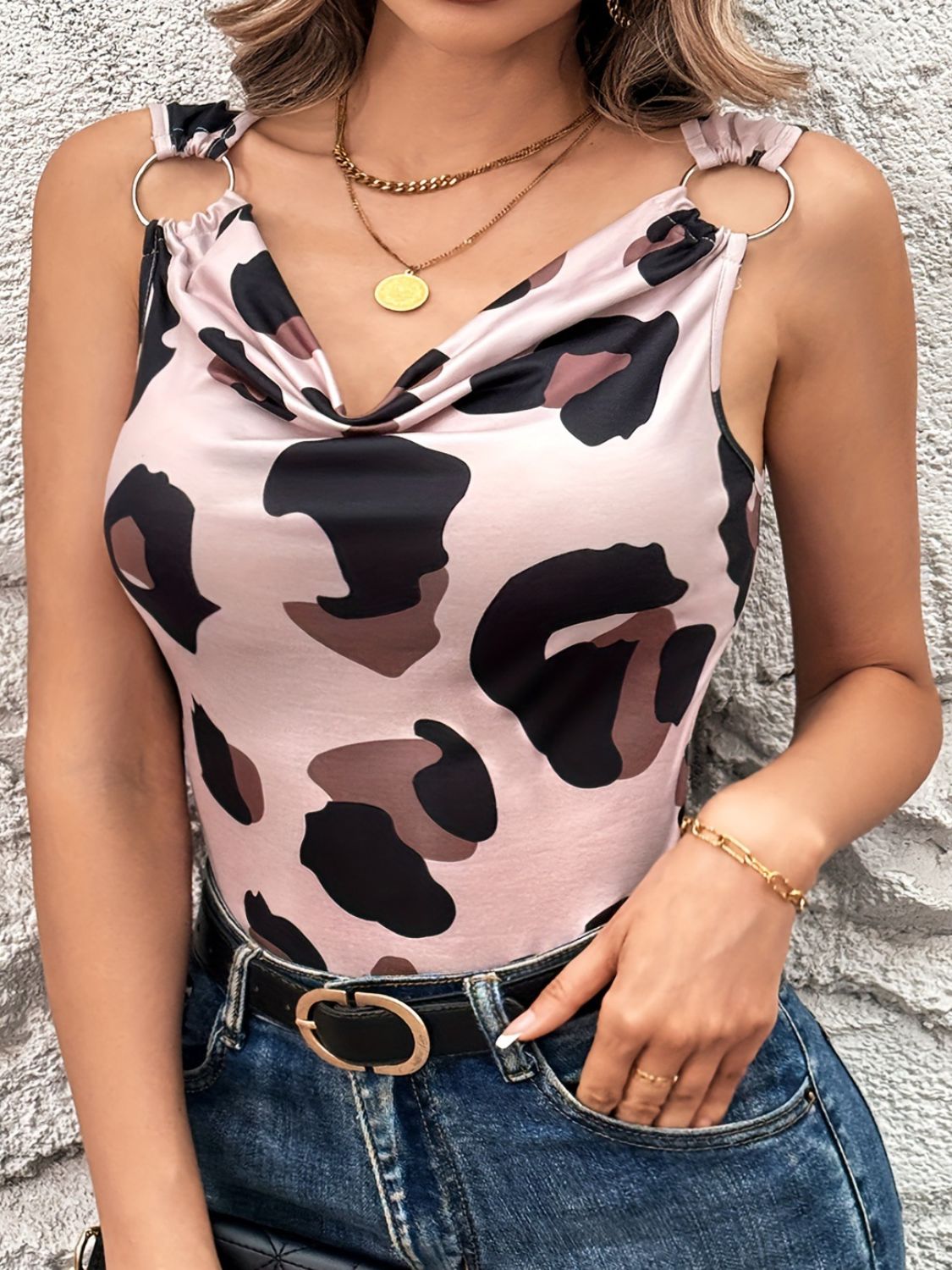 Leopard Cowl Neck Wide Strap Top - Luxe4Everyday Shirt