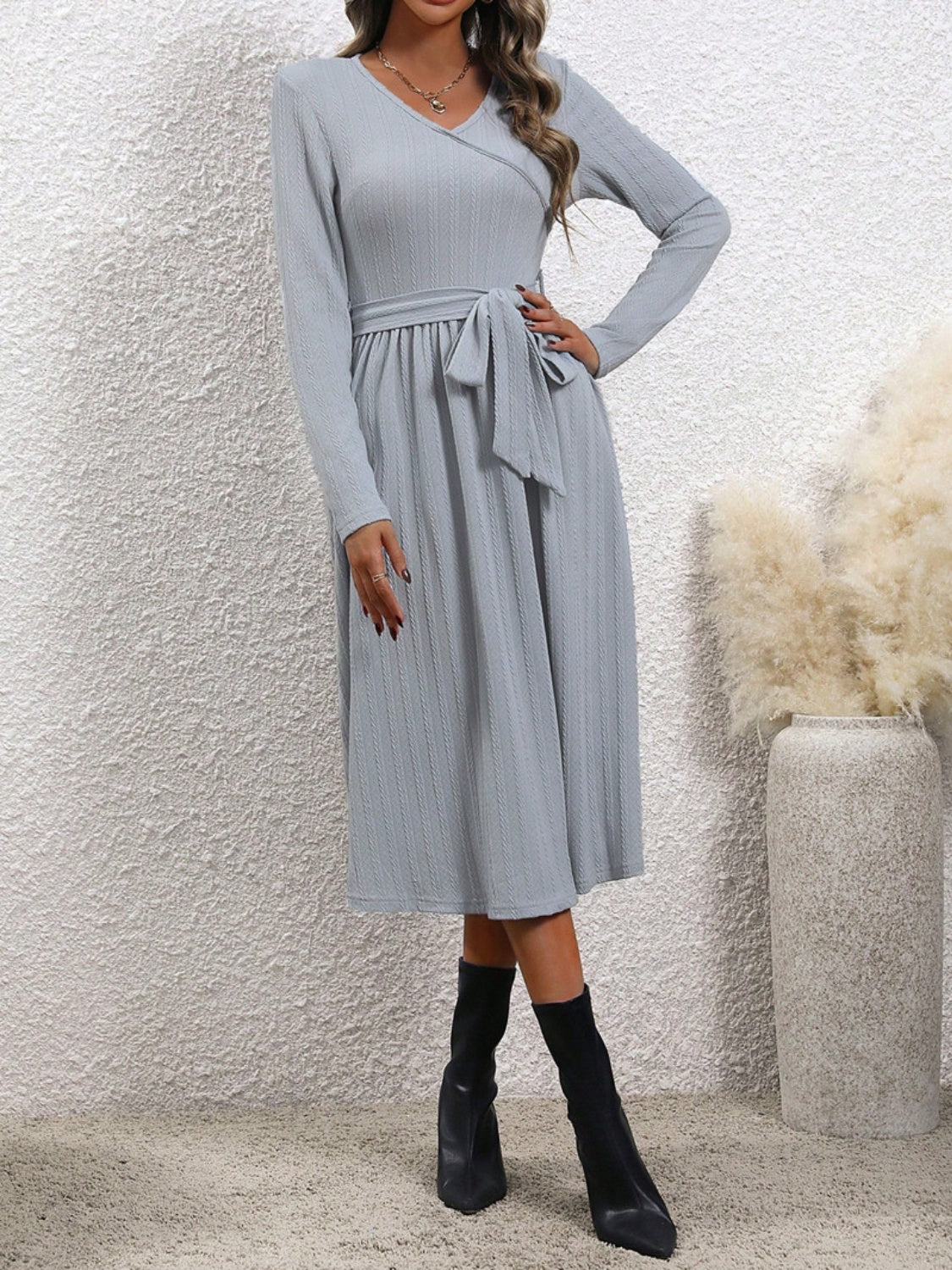 Surplice Tie Waist Long Sleeve Midi Dress - Luxe4Everyday Gray / S