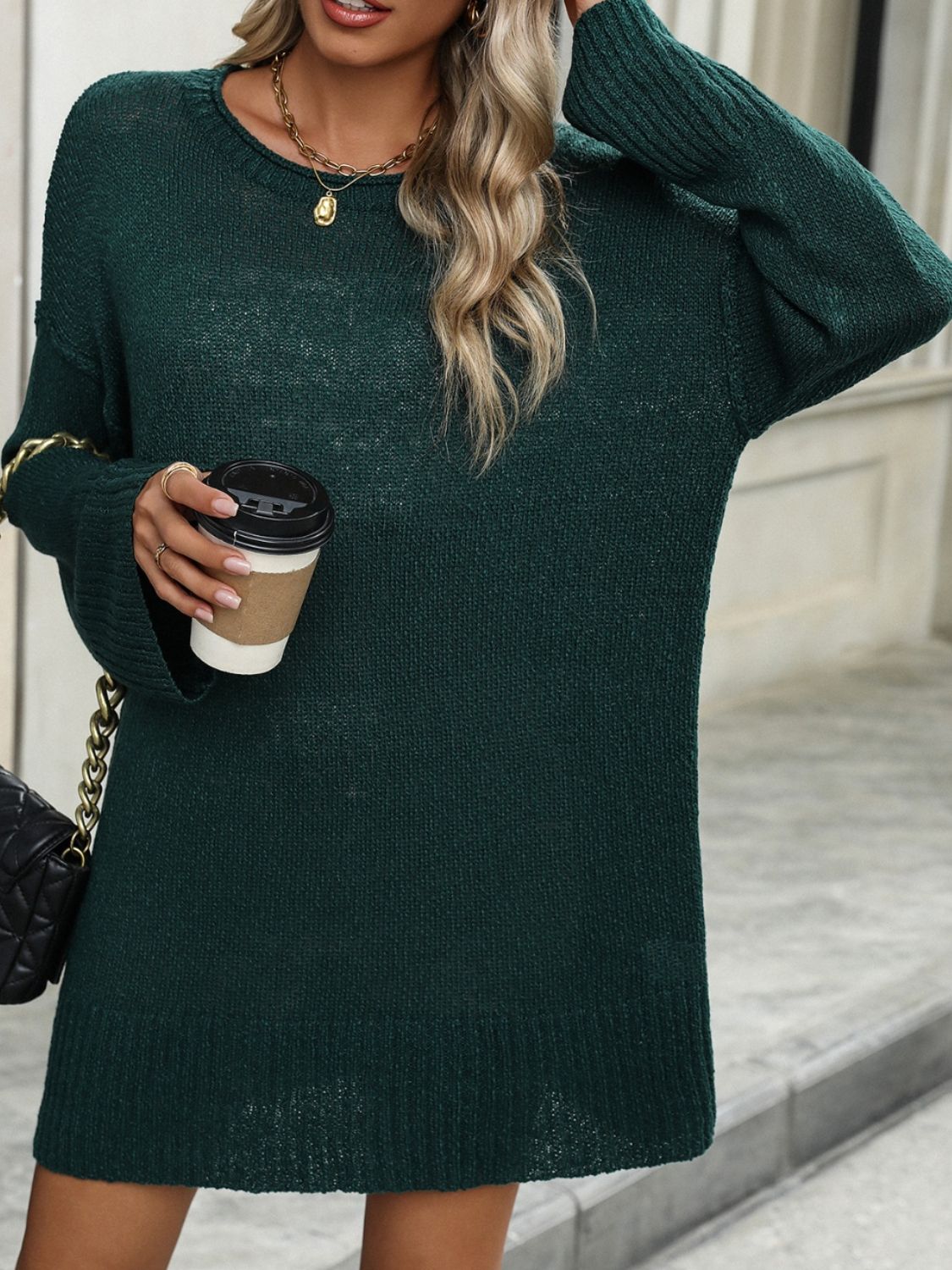 Round Neck Dropped Shoulder Sweater - Luxe4Everyday Sweater