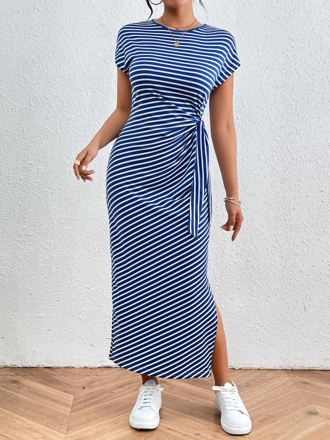 Honey Tied Striped Round Neck Short Sleeve Tee Dress - Luxe4Everyday Dress