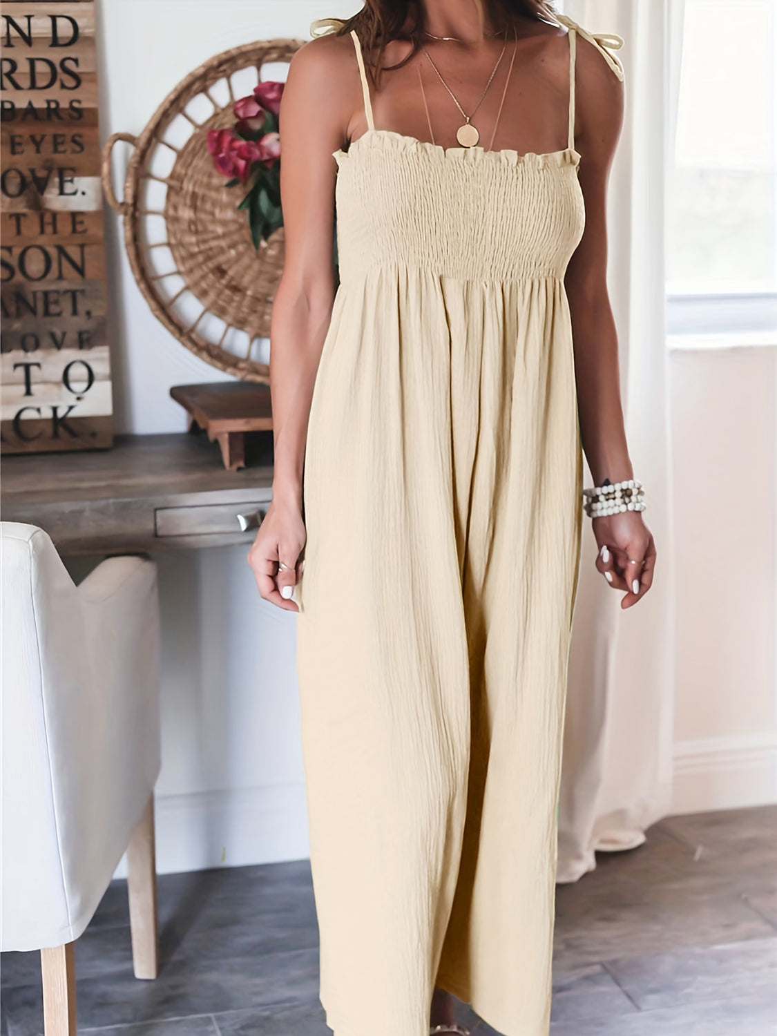 Full Size Smocked Spaghetti Strap Wide Leg Jumpsuit - Luxe4Everyday