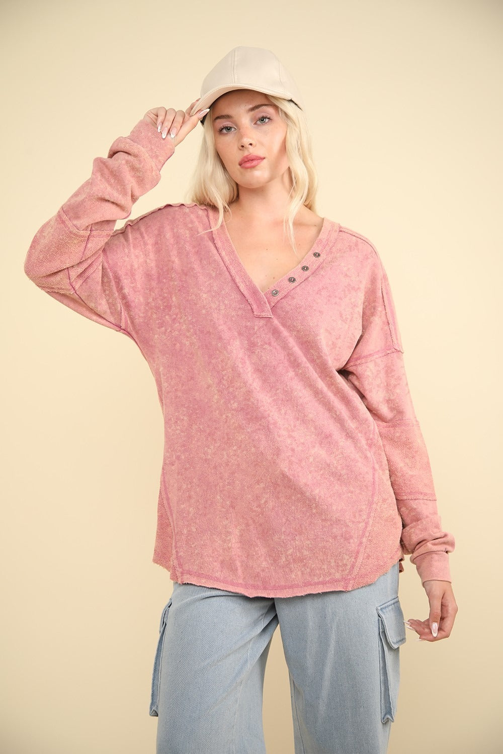 VERY J Washed V-Neck Exposed Seam Knit Top - Luxe4Everyday Mauve / S Shirt