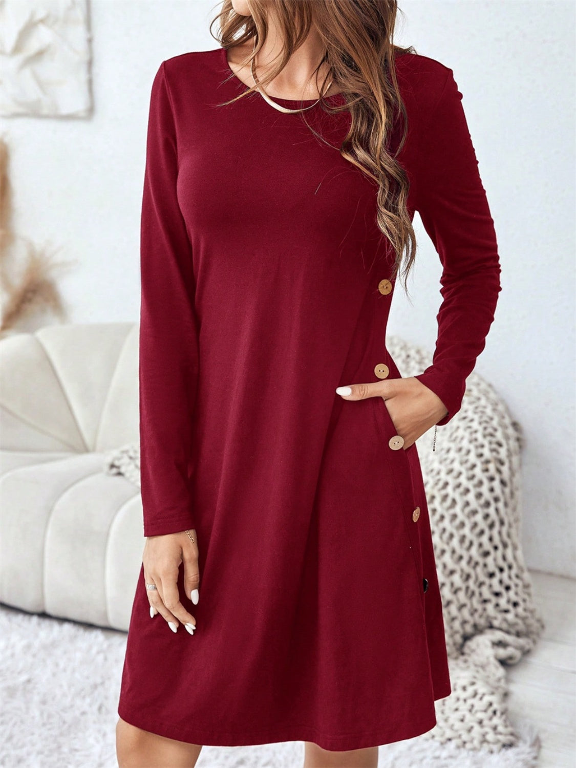 Round Neck Long Sleeve Mini Dress with Pockets - Luxe4Everyday Dress