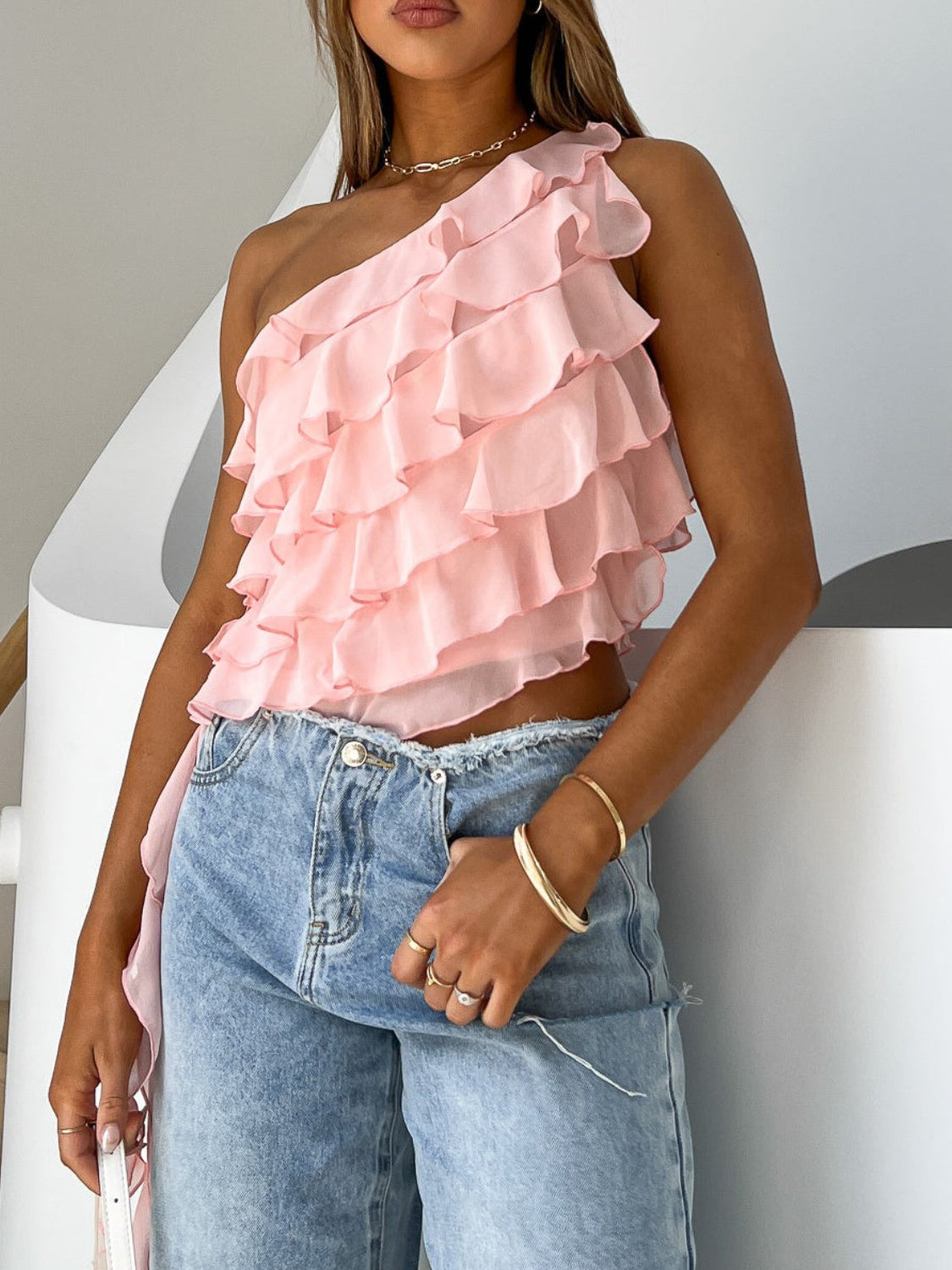 Layered Ruffled One Shoulder Tank - Luxe4Everyday Shirt