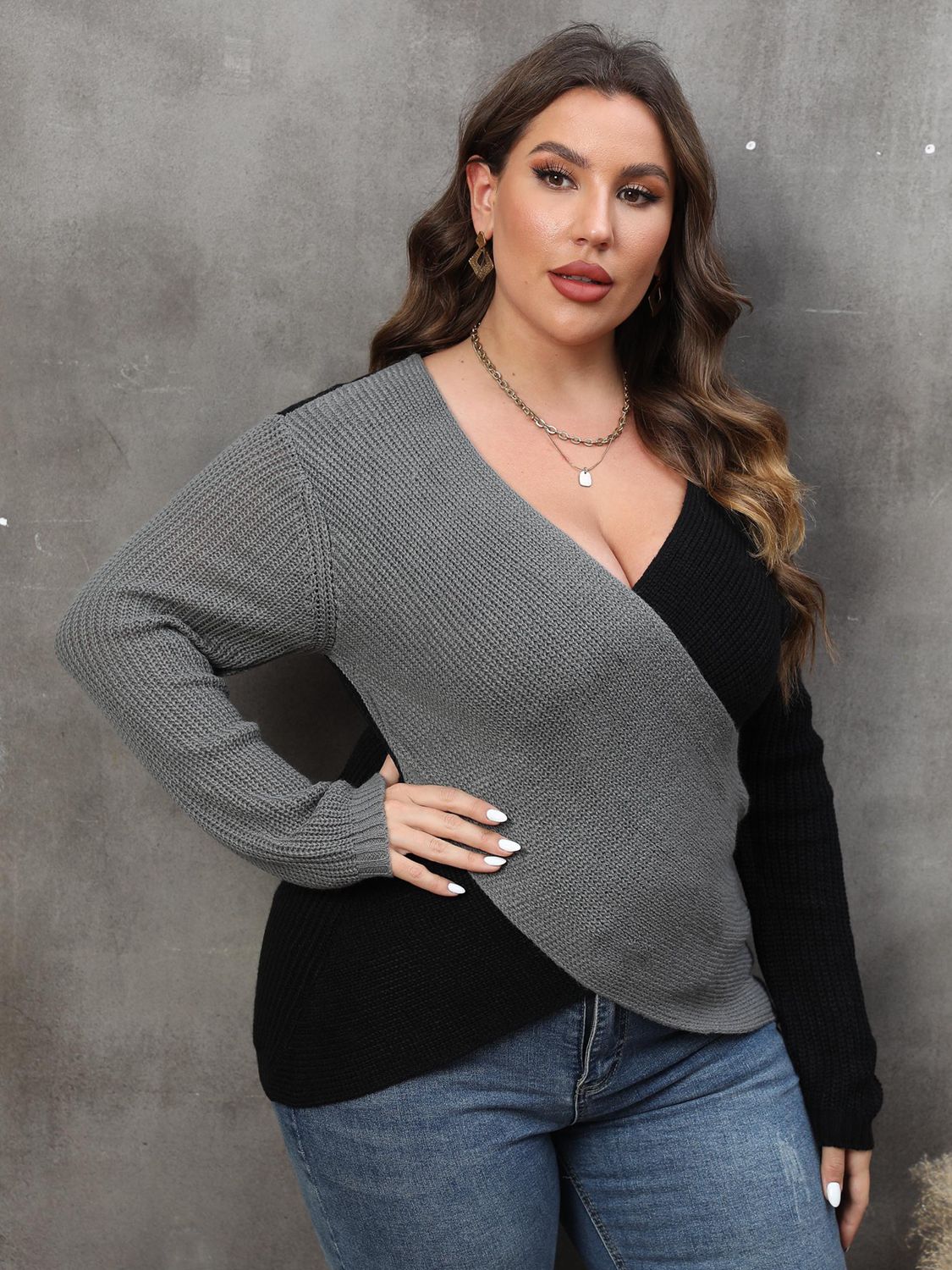 Plus Size Two-Tone Surplice Neck Sweater - Luxe4Everyday Violet / 1XL Shirts