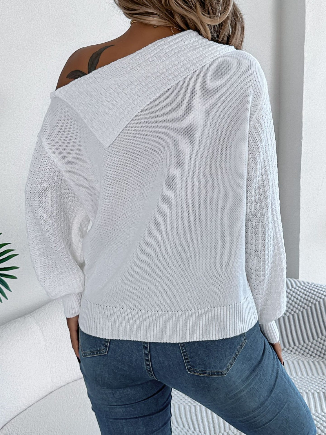 Cable-Knit One Shoulder Long Sleeve Sweater - Luxe4Everyday Sweater