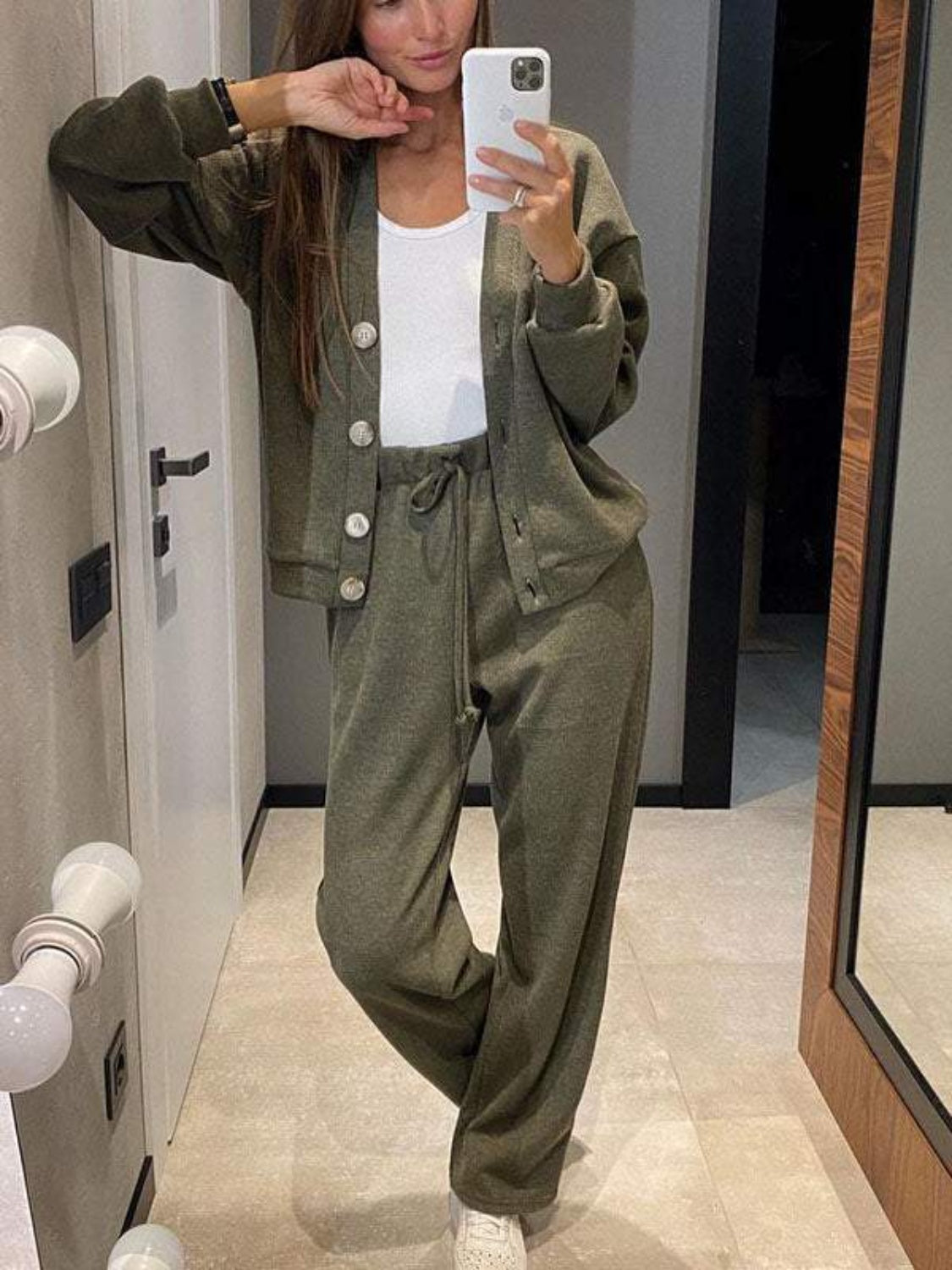 Full Size Button Up Long Sleeve Top and Pants Set - Luxe4Everyday two-piece set