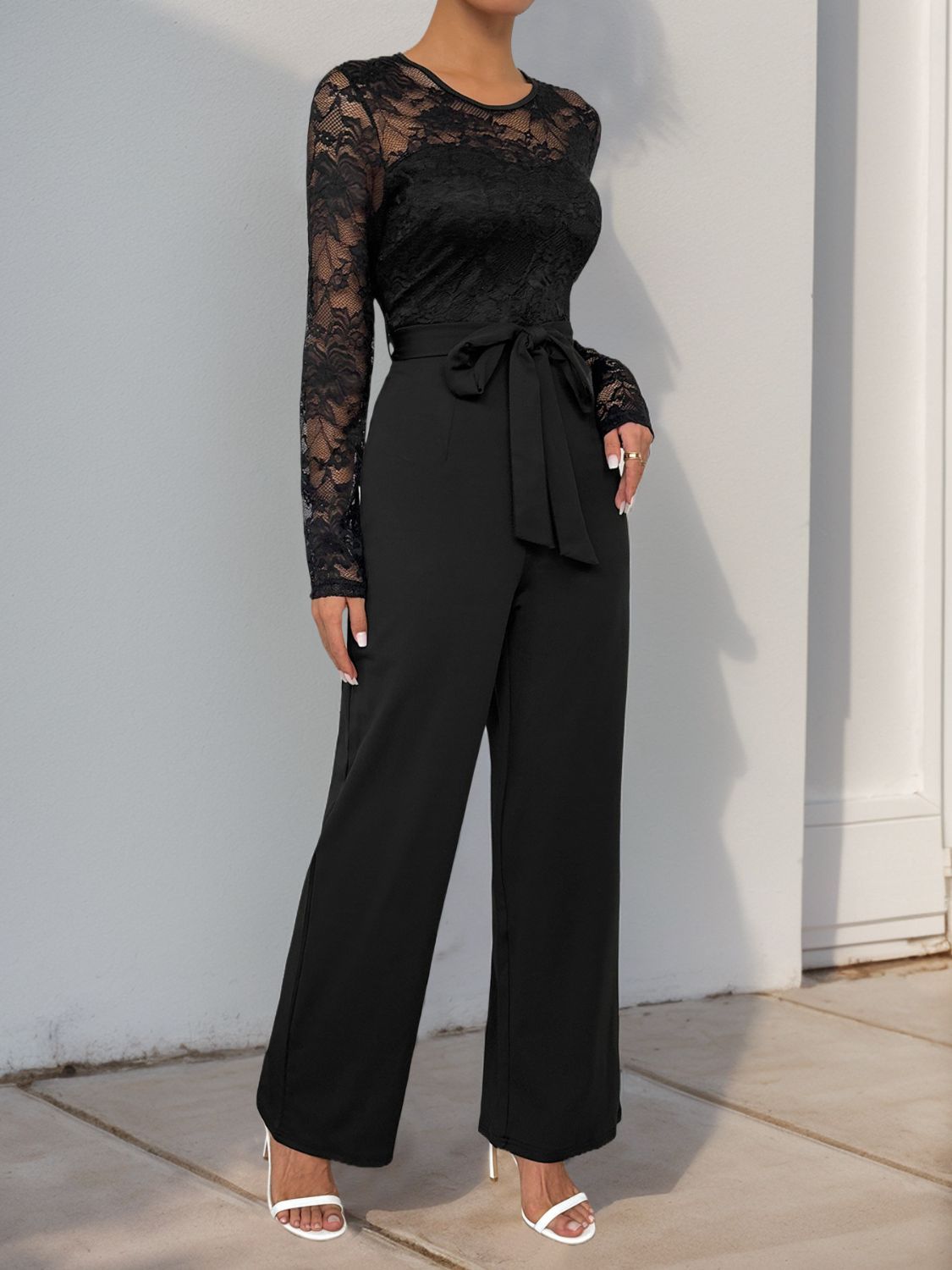 Perfee Lace Round Neck Long Sleeve Jumpsuit - Luxe4Everyday Black / S Jumpsuit