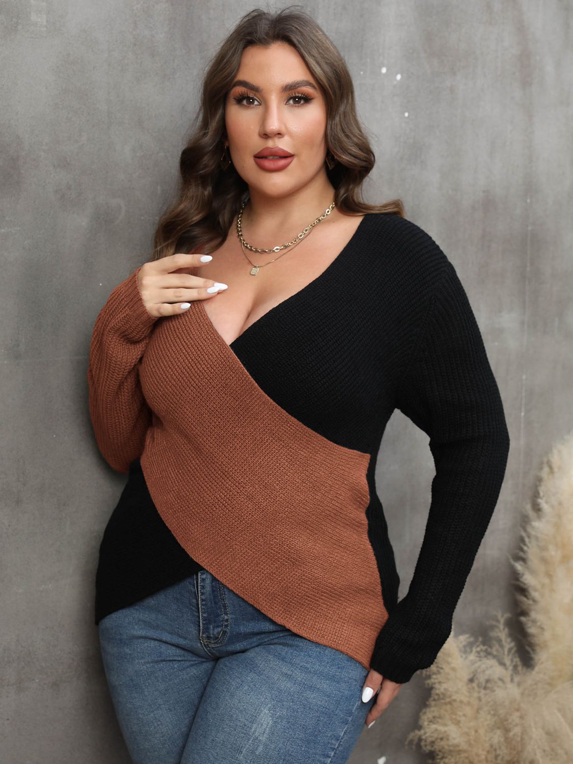 Plus Size Two-Tone Surplice Neck Sweater - Luxe4Everyday Violet / 1XL Shirts