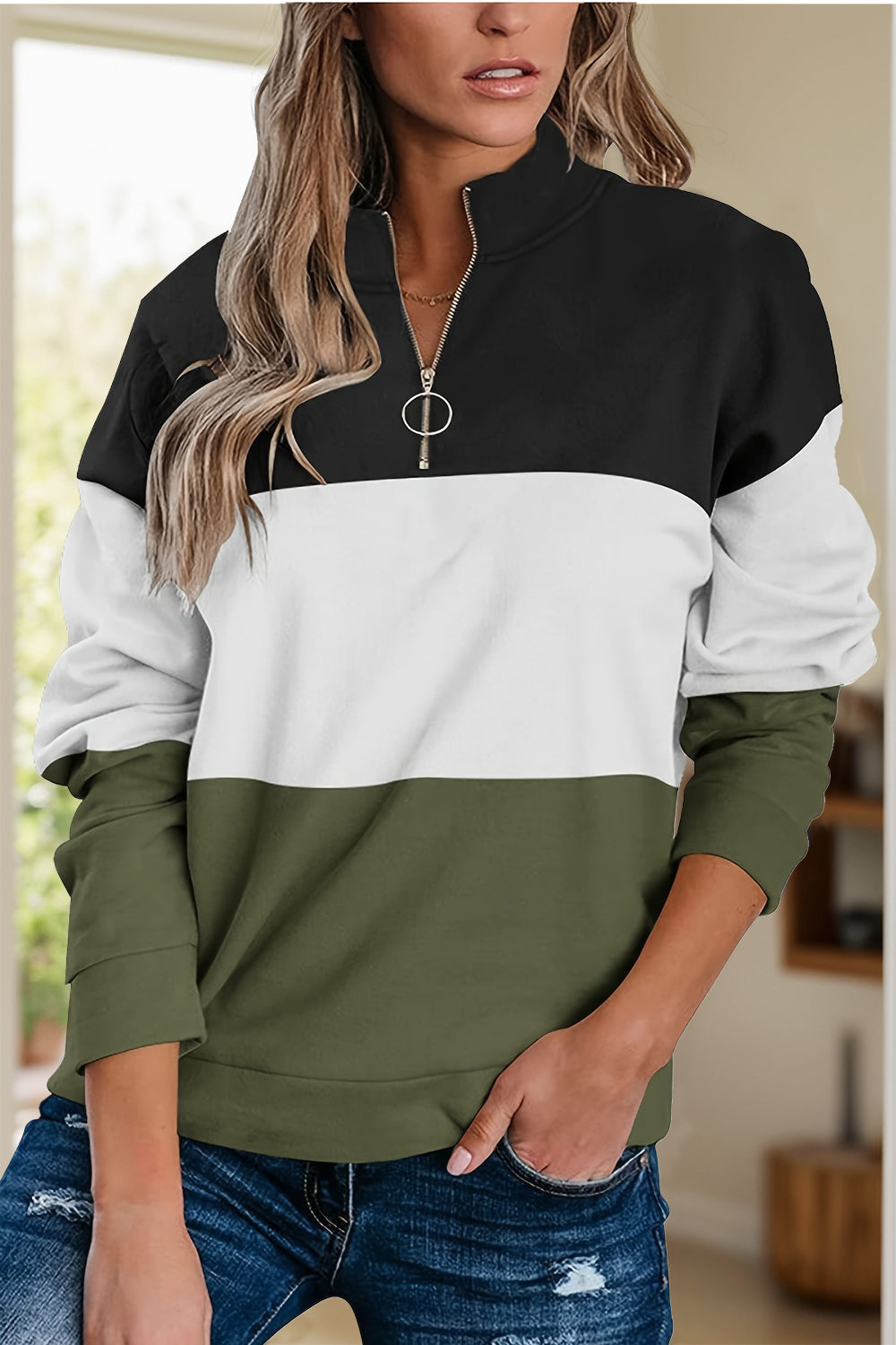 Full Size Color Block Quarter Zip Long Sleeve Sweatshirt - Luxe4Everyday Moss / S Sweater