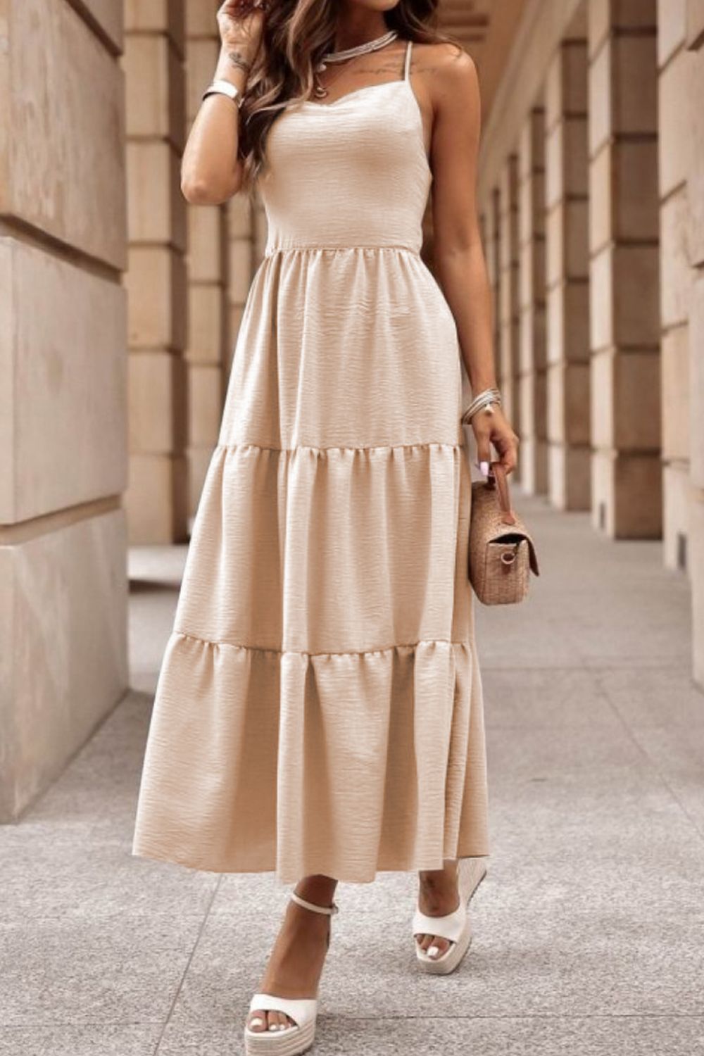 Tiered Crisscross Spaghetti Strap Dress - Luxe4Everyday Tan / S Dress