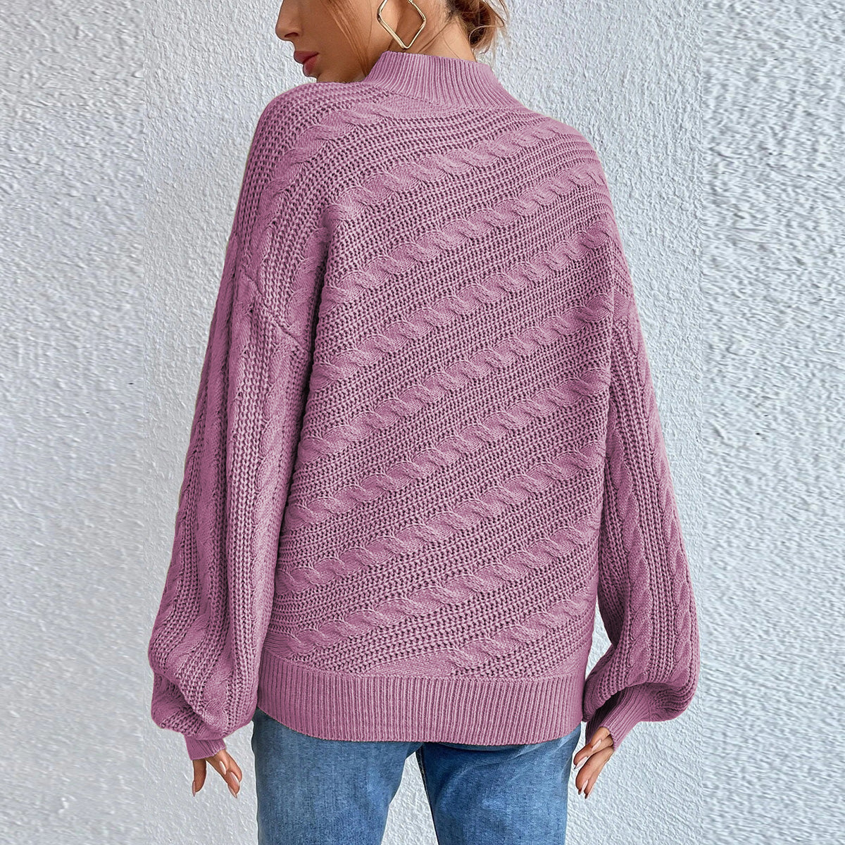 Cable-Knit Mock Neck Long Sleeve Sweater - Luxe4Everyday Sweater