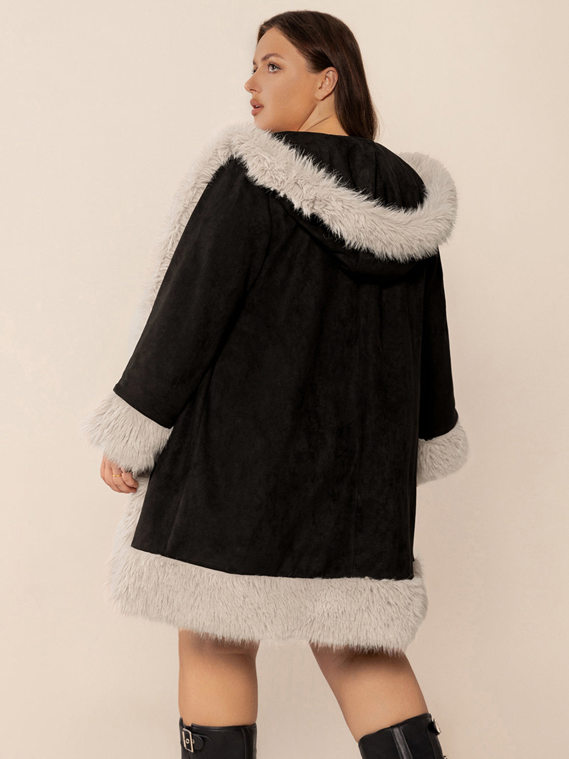 Plus Size Fuzzy Trim Open Front Long Sleeve Hooded Coat - Luxe4Everyday Black / 0XL Coat