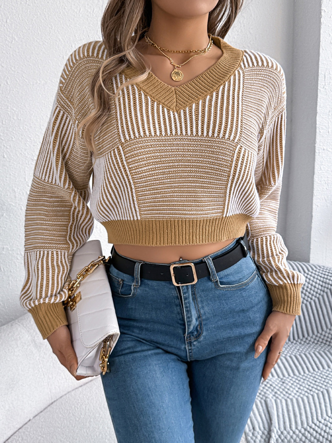 Striped V-Neck Long Sleeve Sweater - Luxe4Everyday Black / S Sweater