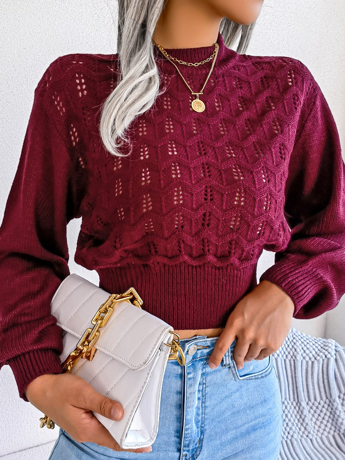 Openwork Mock Neck Long Sleeve Cropped Sweater - Luxe4Everyday Burgundy / S Sweater