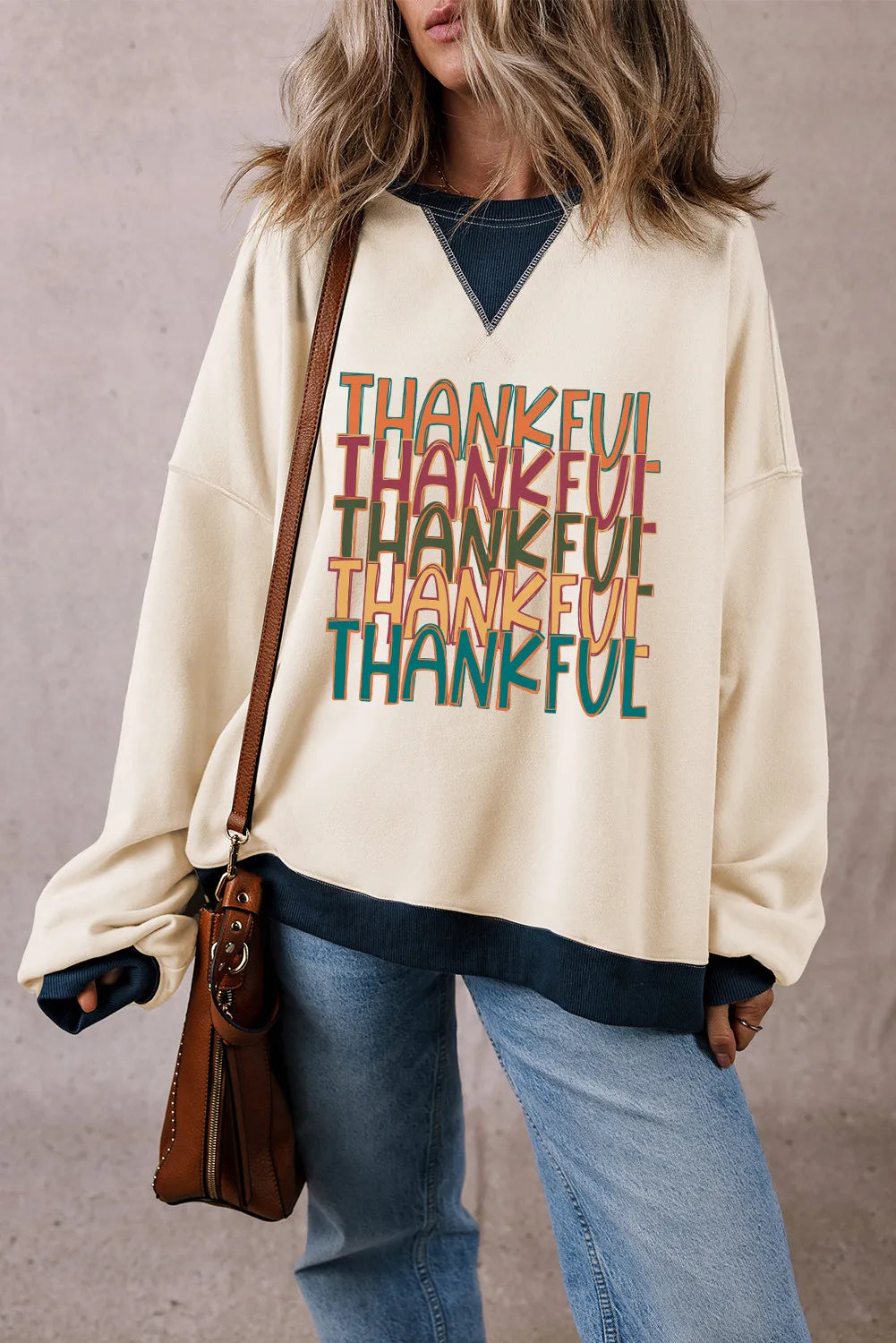 THANKFUL Round Neck Long Sleeve Sweatshirt - Luxe4Everyday Ivory / S Sweatshirt