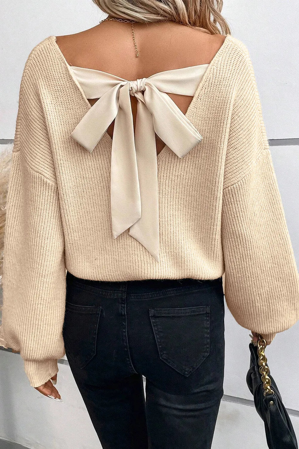 Tied V-Neck Long Sleeve Sweater - Luxe4Everyday Tan / S Sweater