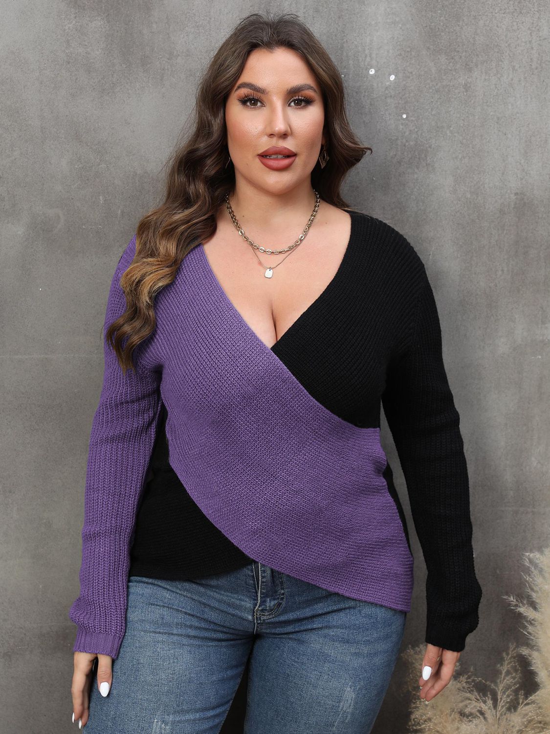 Plus Size Two-Tone Surplice Neck Sweater - Luxe4Everyday Violet / 1XL Shirts