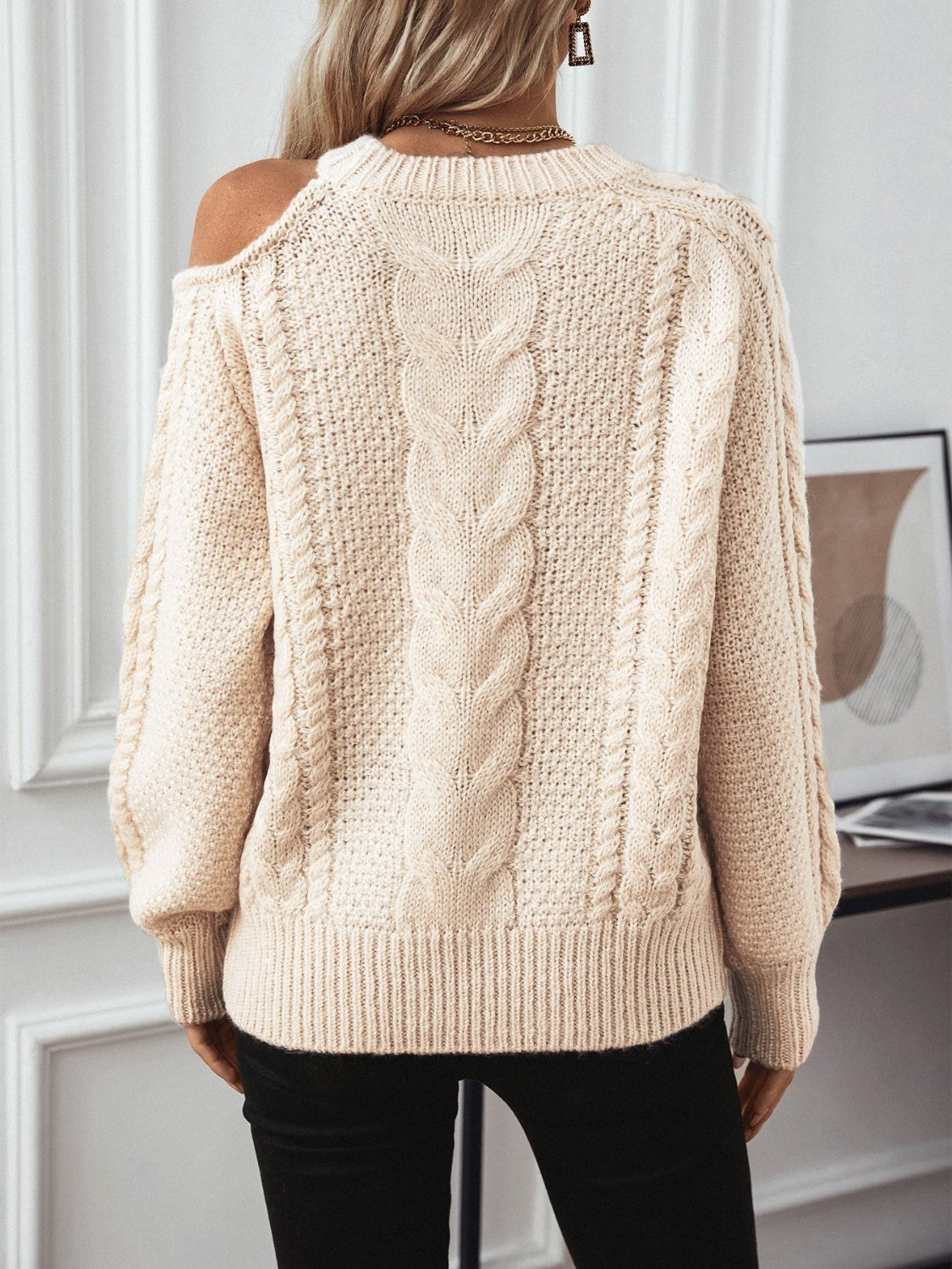 Cable Knit Round Neck Cold Shoulder Sweater - Luxe4Everyday Tan / S Sweater