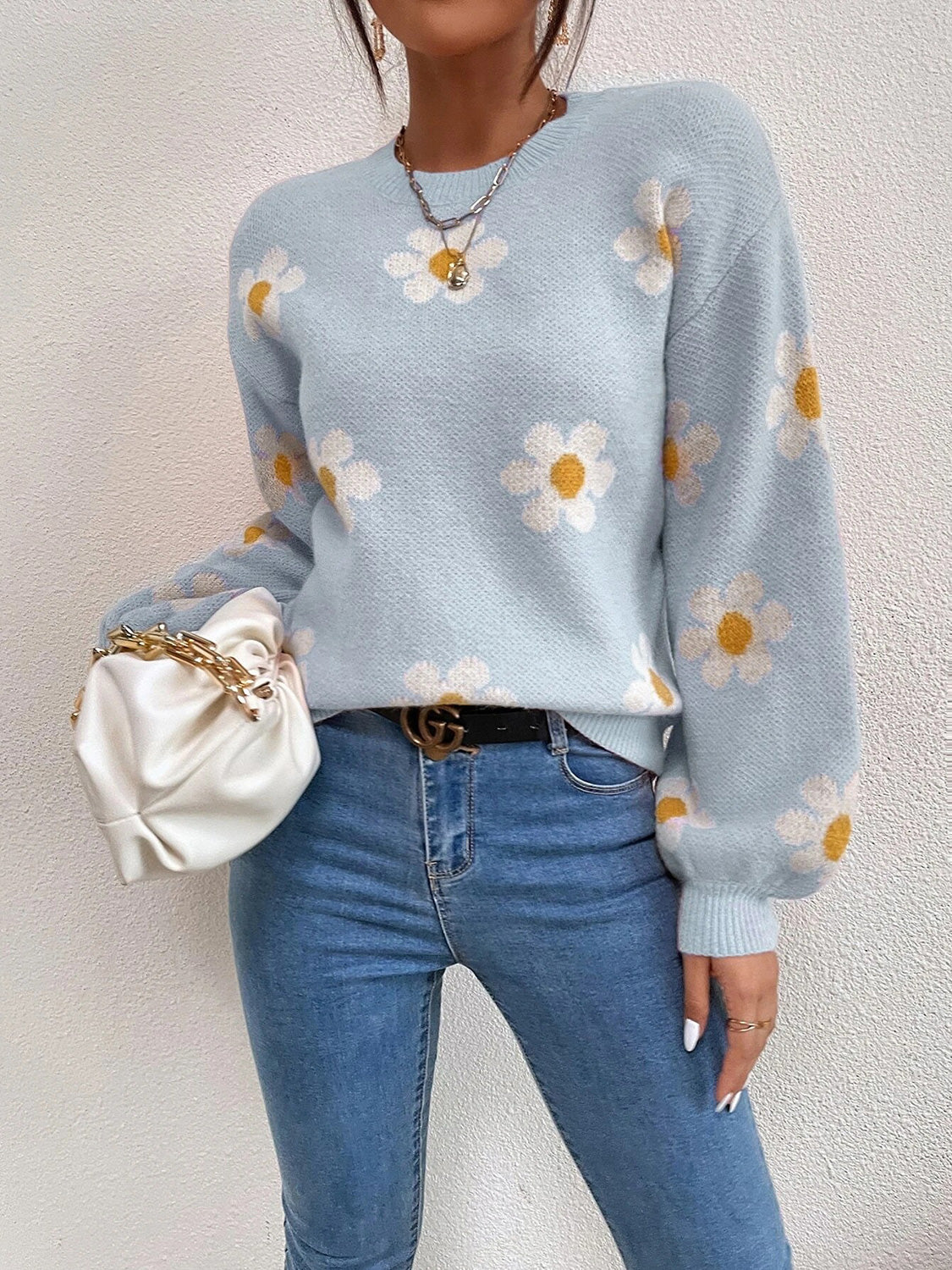 Flower Round Neck Latern Sleeve Sweater - Luxe4Everyday Sweater