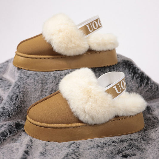 Plush Platform Slippers with Letter Strap - Luxe4Everyday Camel / 36(US5) shoes