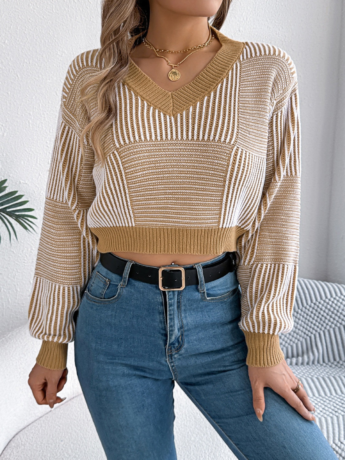 Striped V-Neck Long Sleeve Sweater - Luxe4Everyday Black / S Sweater