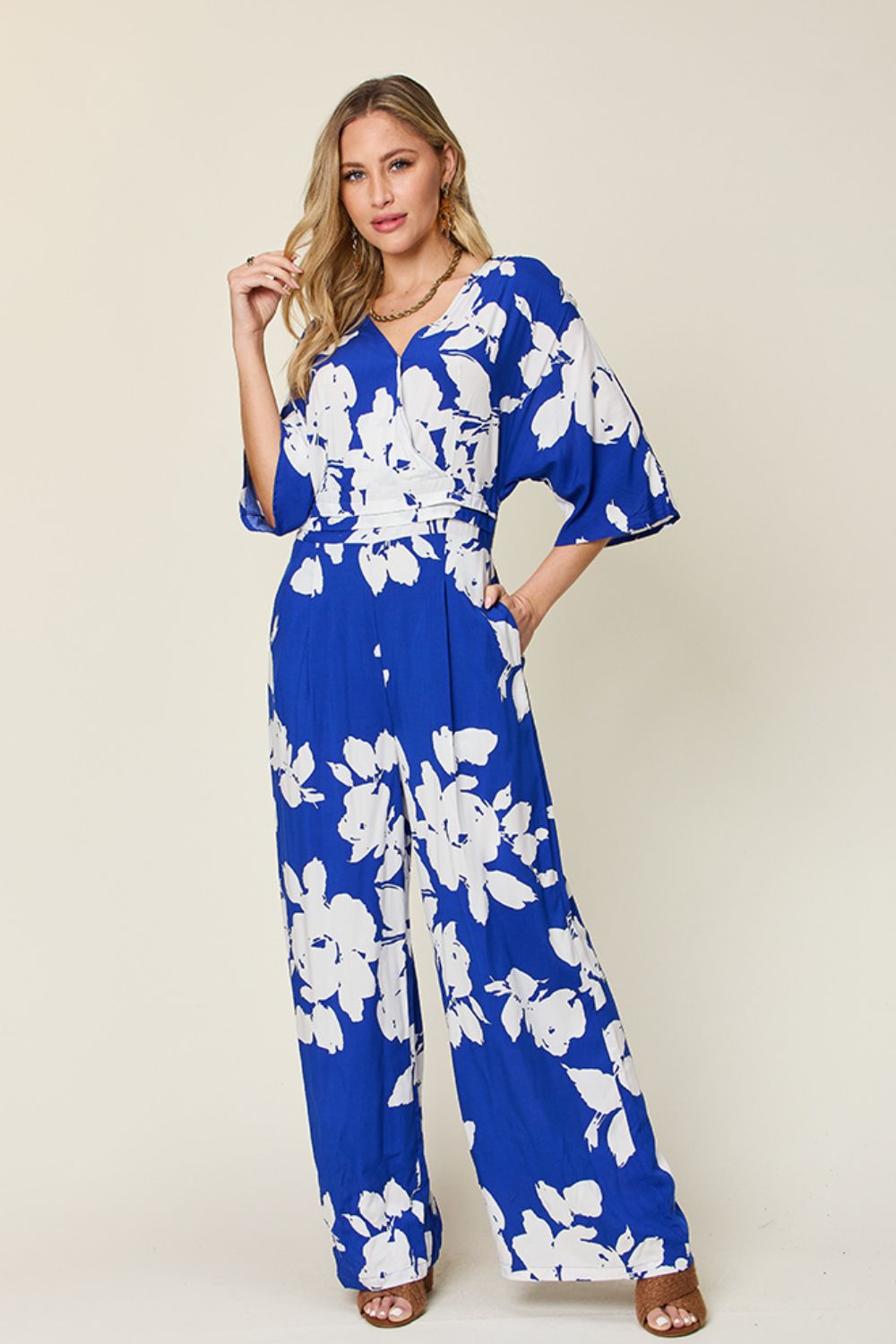 Double Take Full Size Printed Tie Back Wide Leg Jumpsuit - Luxe4Everyday Royal Blue / S Jumpsuit