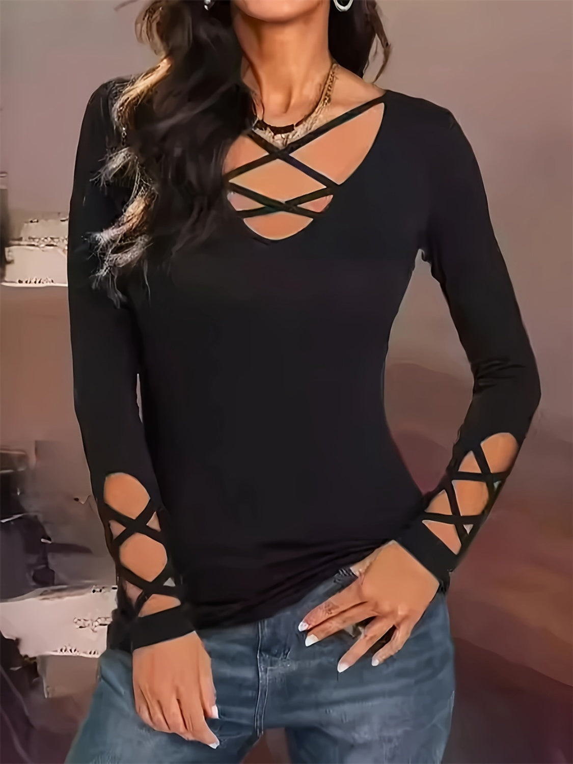 Cutout Crisscross Long Sleeve T-Shirt - Luxe4Everyday Black / S Shirts