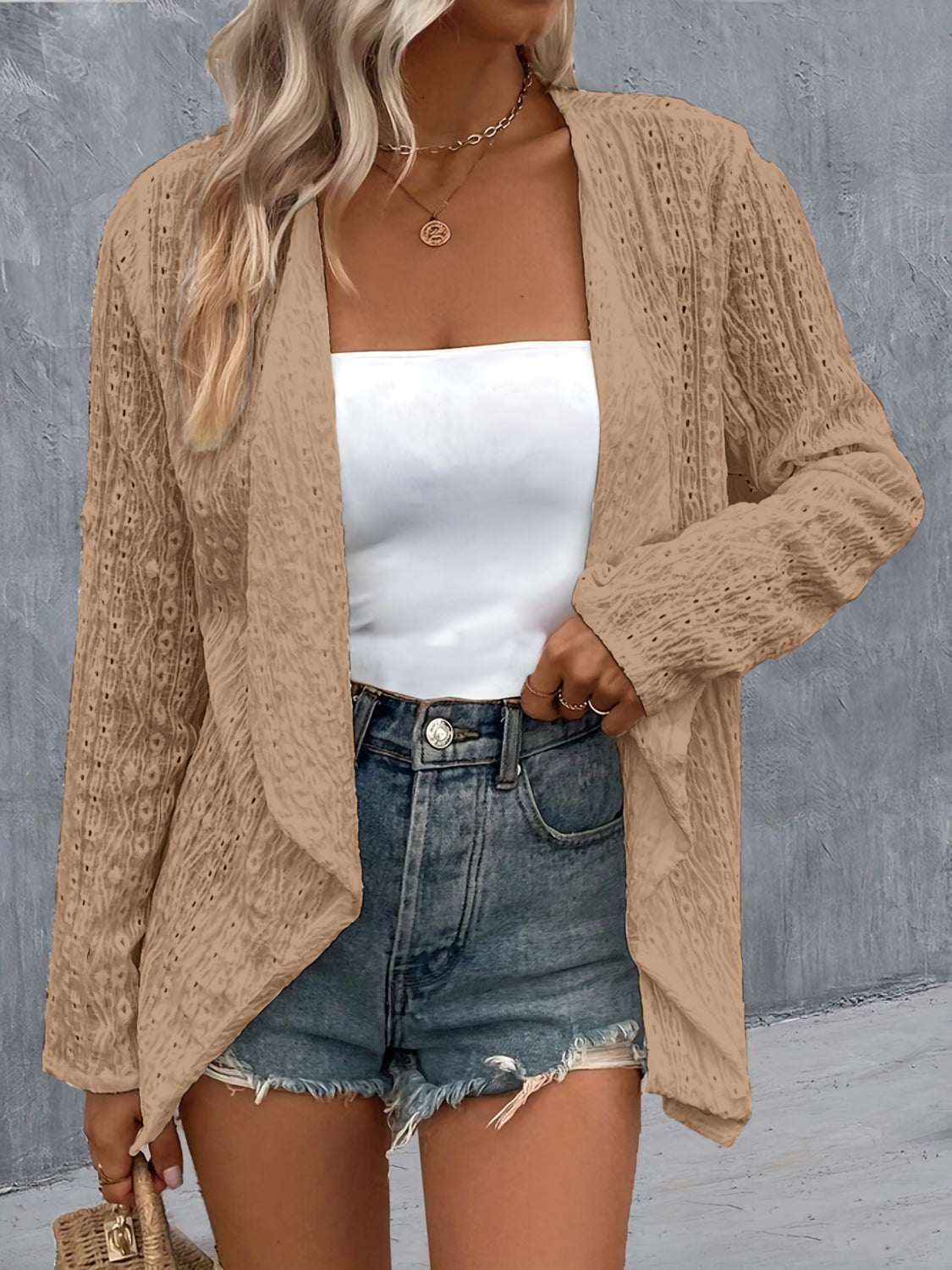 Eyelet Roll-Tab Sleeve Cardigan - Luxe4Everyday Jacket