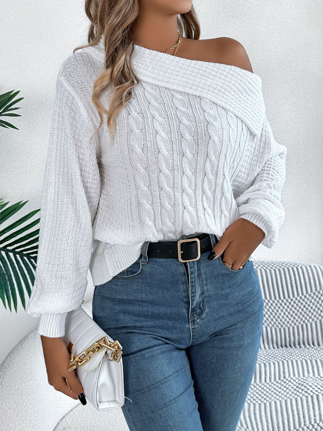 Cable-Knit One Shoulder Long Sleeve Sweater - Luxe4Everyday Sweater