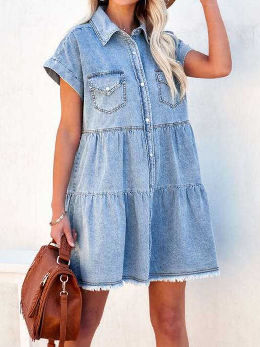 Raw Hem Short Sleeve Denim Dress - Luxe4Everyday Light Blue / S Dress