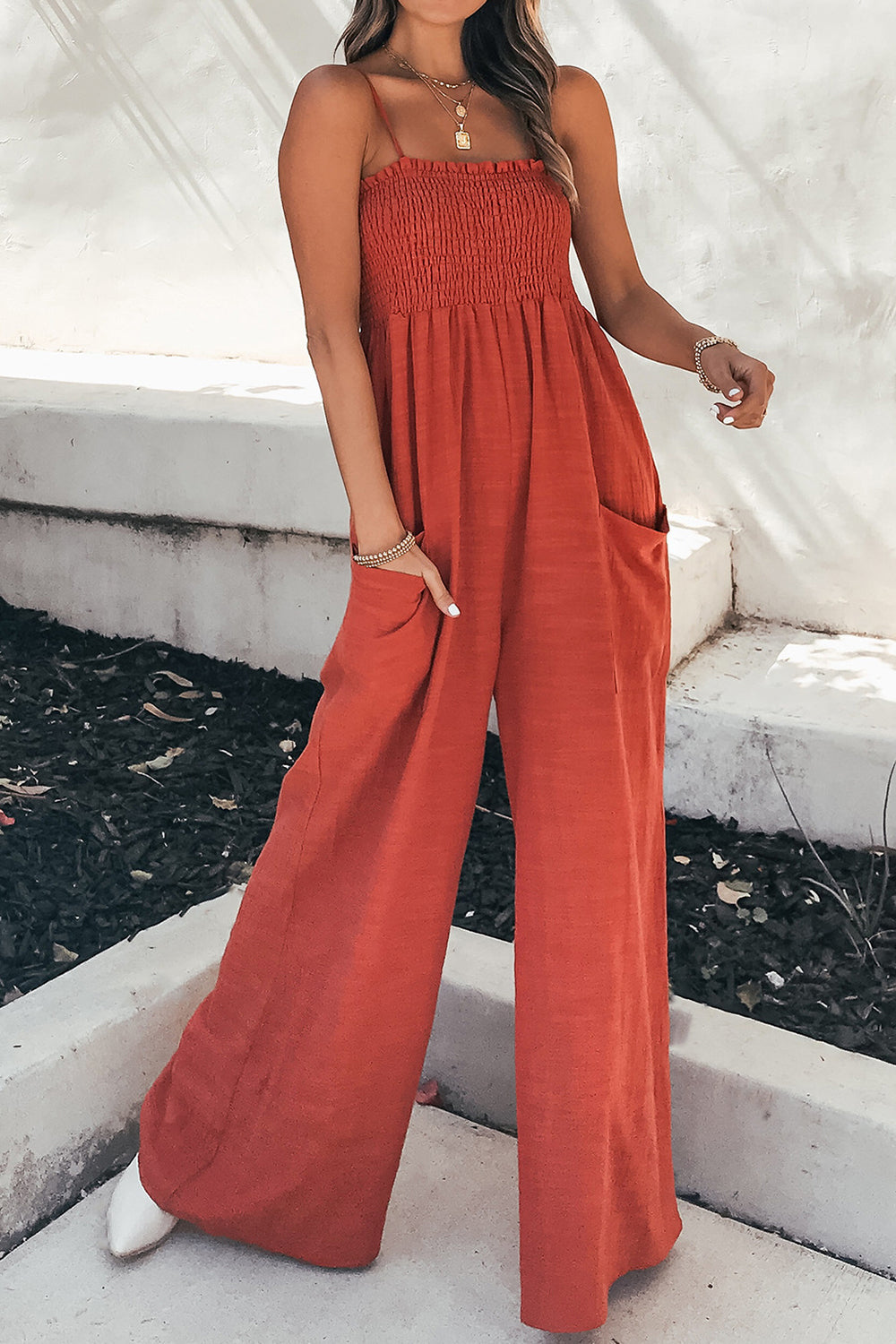 Smocked Spaghetti Strap Wide Leg Jumpsuit - Luxe4Everyday Orange-Red / S Jumpsuit