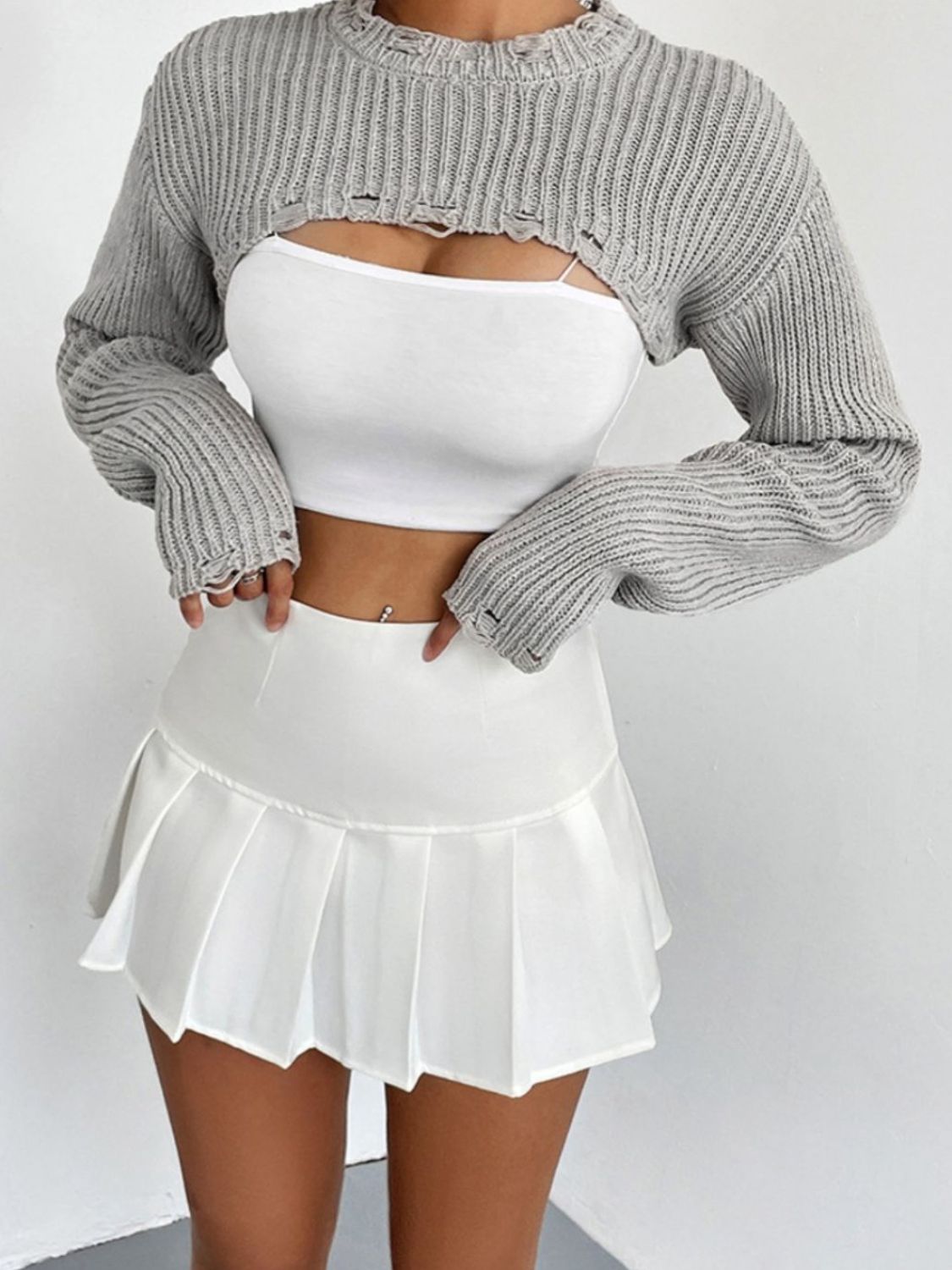 Distressed Long Sleeve Cropped Sweater - Luxe4Everyday Heather Gray / S Sweater