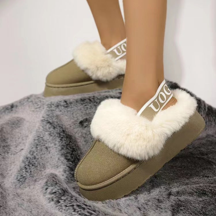 Plush Platform Slippers with Letter Strap - Luxe4Everyday Camel / 36(US5) shoes