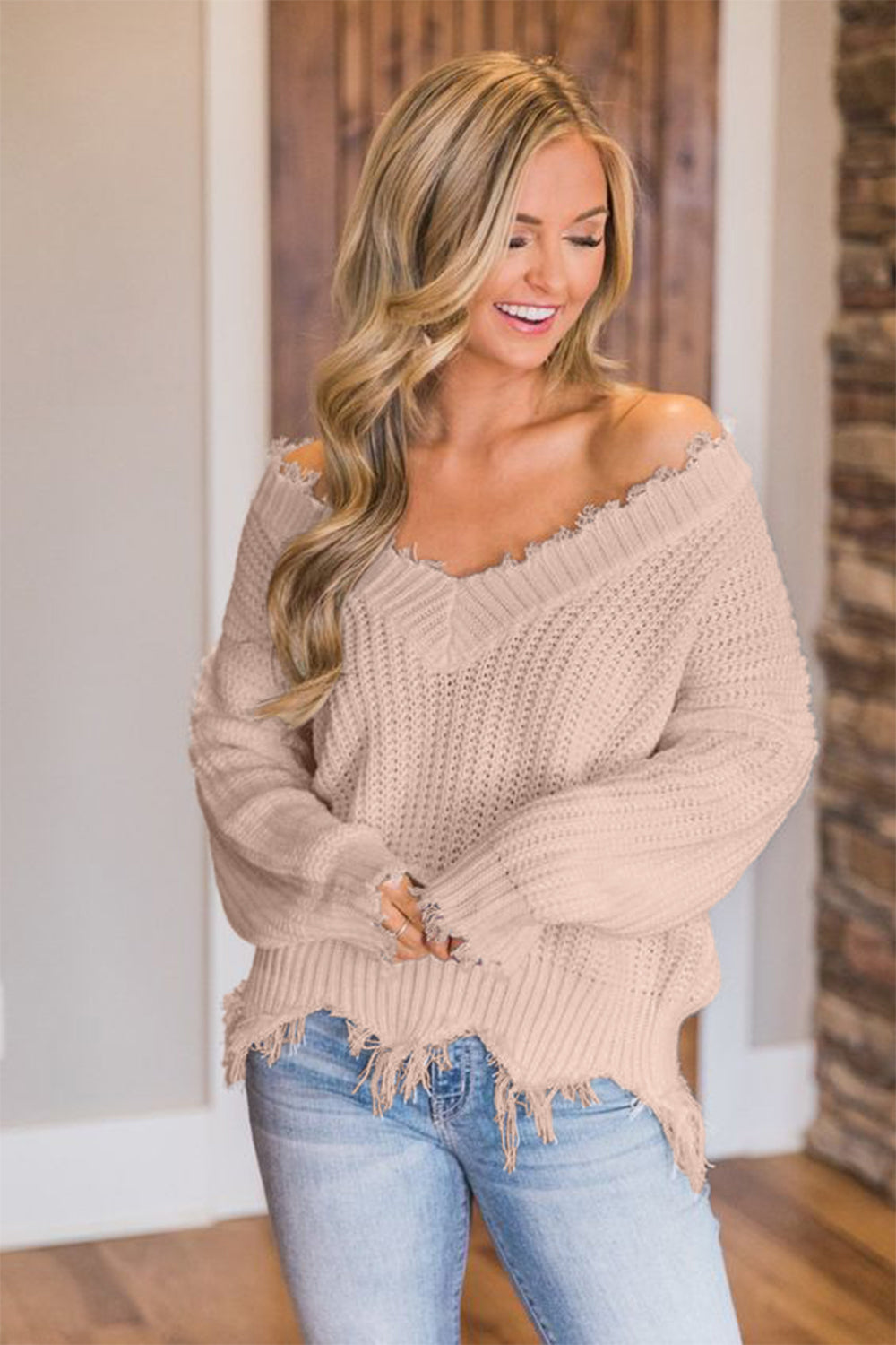 Frayed Hem Dropped Shoulder Sweater - Luxe4Everyday Sweater