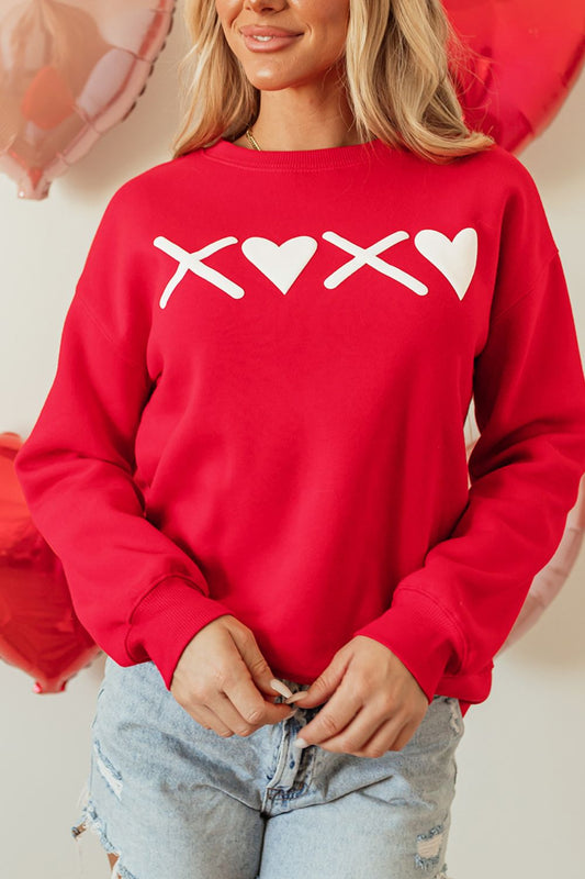 Valentine’s Day XOXO Round Neck Drop Shoulder Sweatshirt - Luxe4Everyday Red / S Sweater