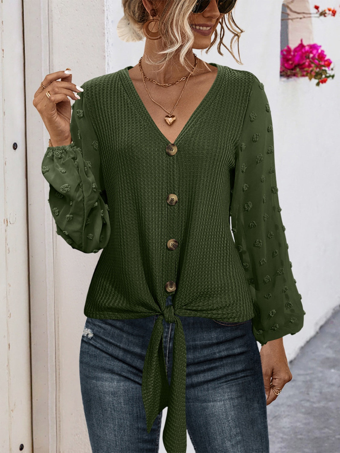 Tied Swiss Dot V-Neck Long Sleeve Blouse - Luxe4Everyday Army Green / S Shirt