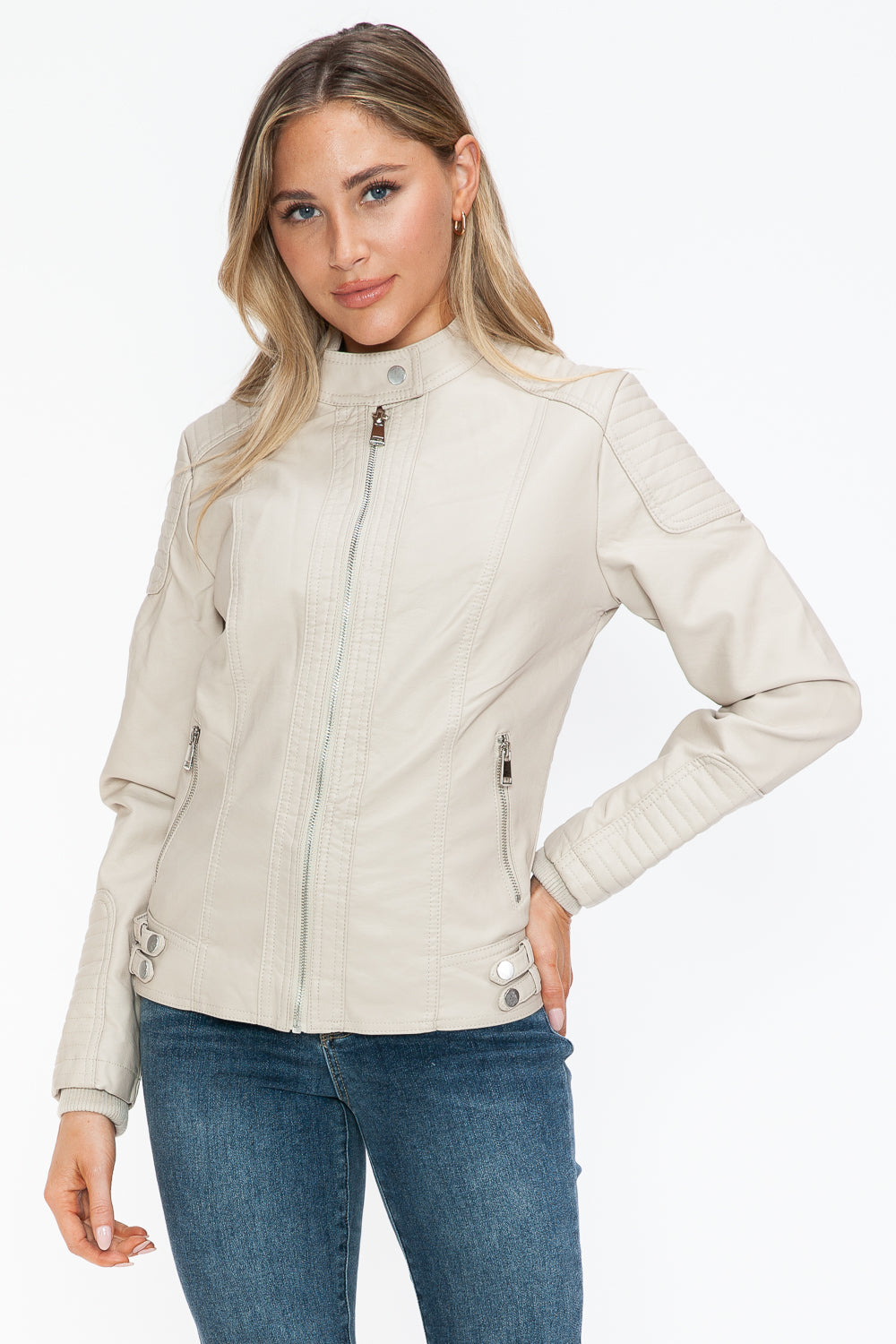 Snobbish Faux Leather Biker Jacket with Side Zip Pockets - Luxe4Everyday Sand / S Jacket